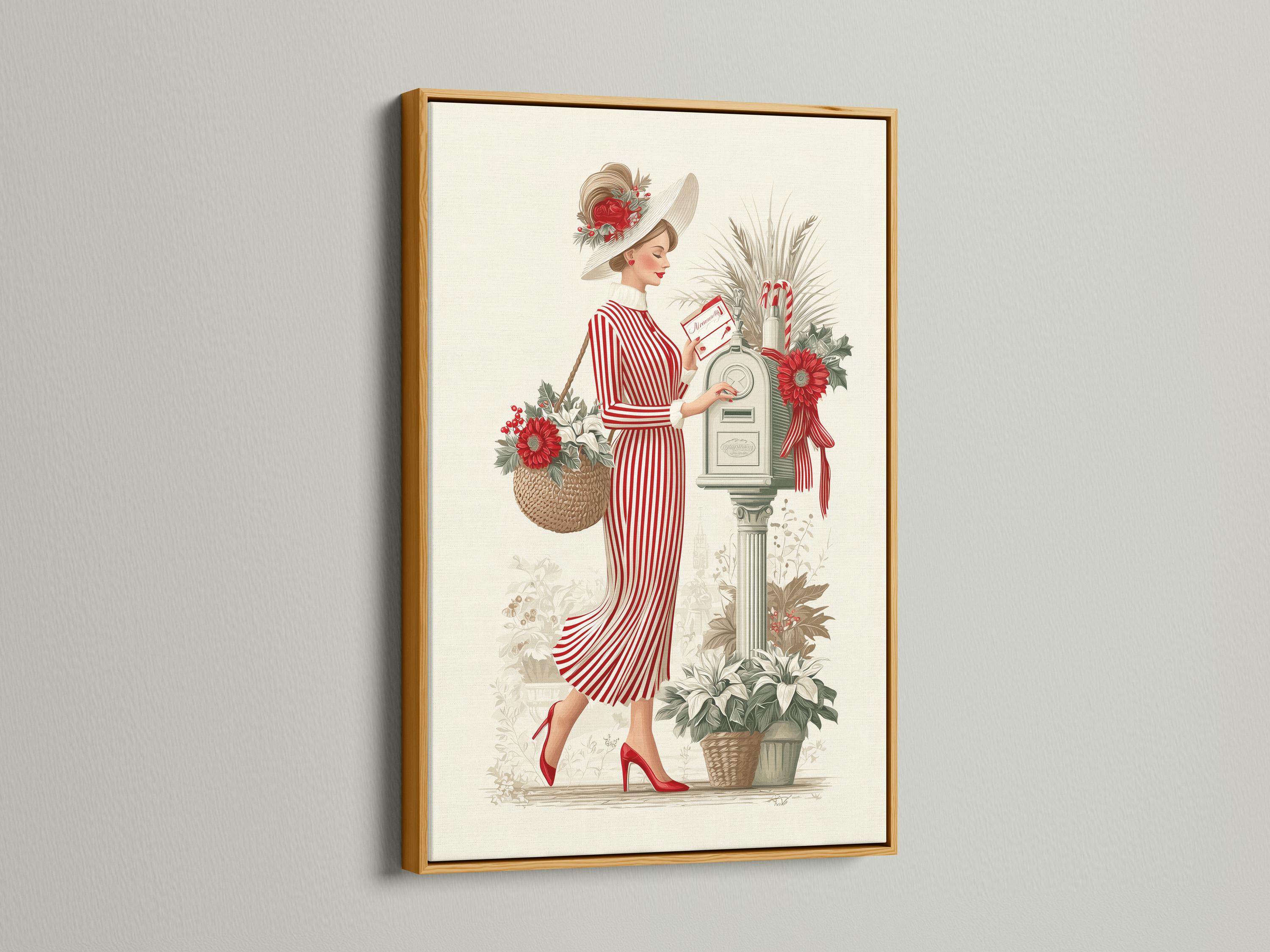 Vintage lady illustration in a red striped dress with a floral hat beside a vase of red flowers detail view