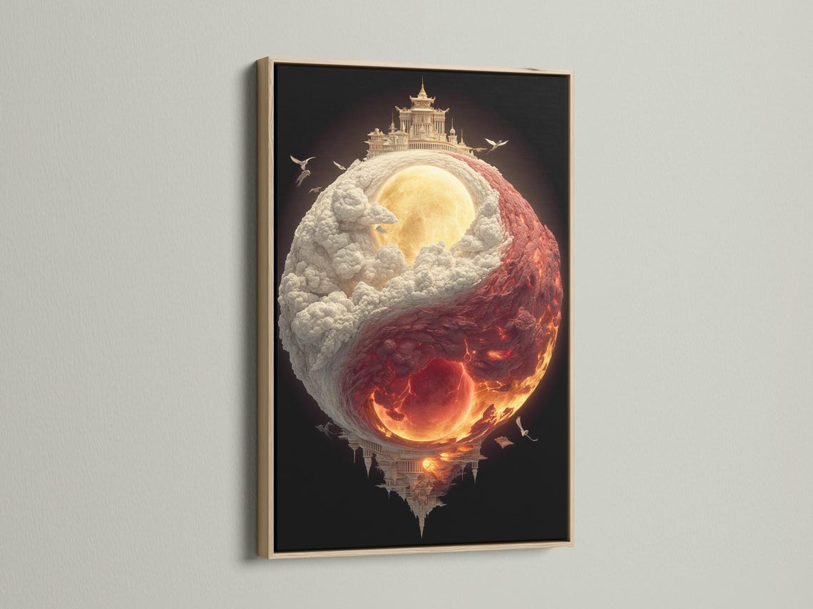 Yin–Yang inspired glowing sphere with cloud textures, fire colours, temple silhouettes and small flying birds detail view