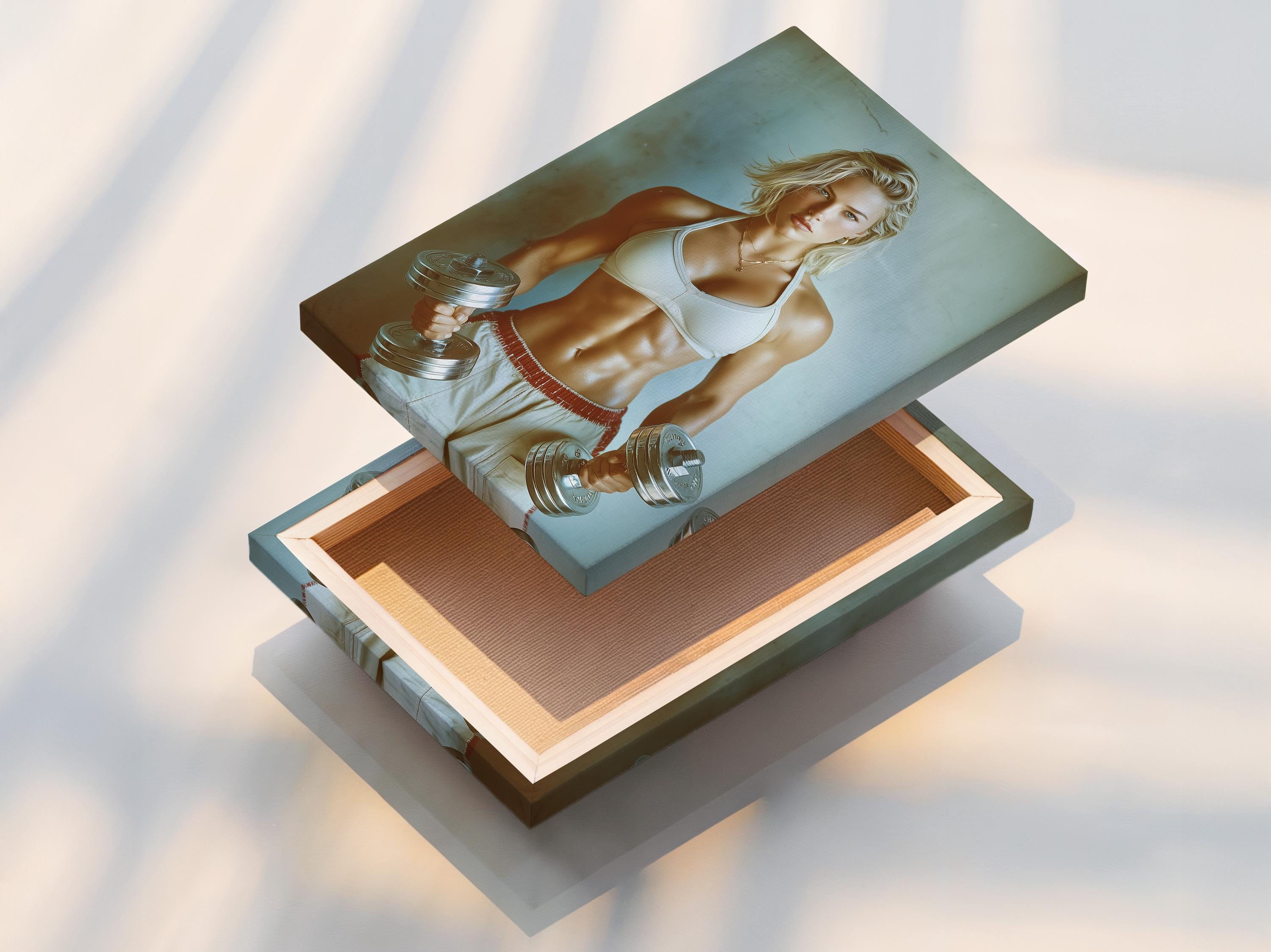 Room mockup showing a framed fitness portrait of a woman holding dumbbells on a teal background