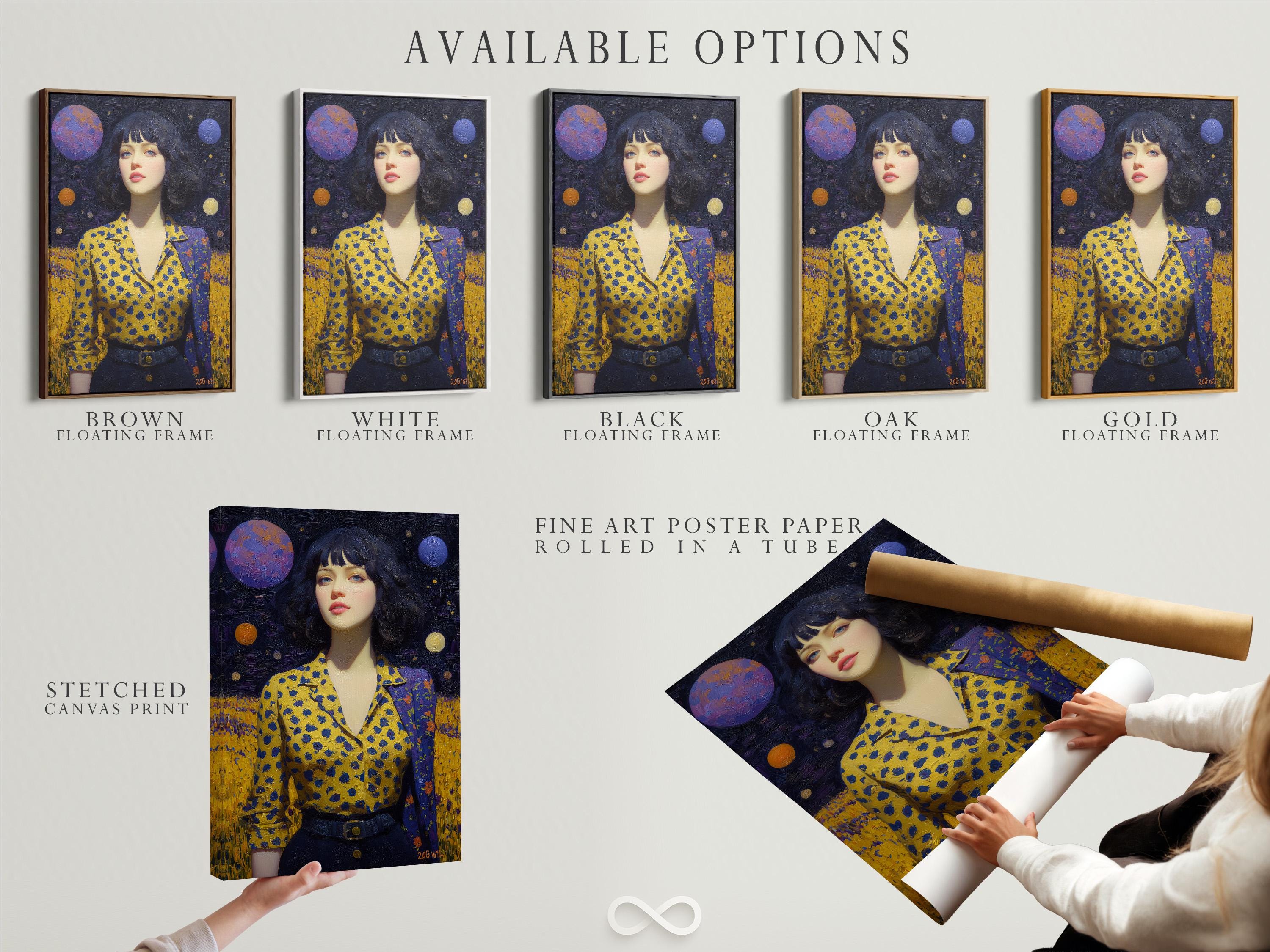Stylised woman portrait in a dark starry galaxy with planets and a mustard-yellow patterned dress detail view