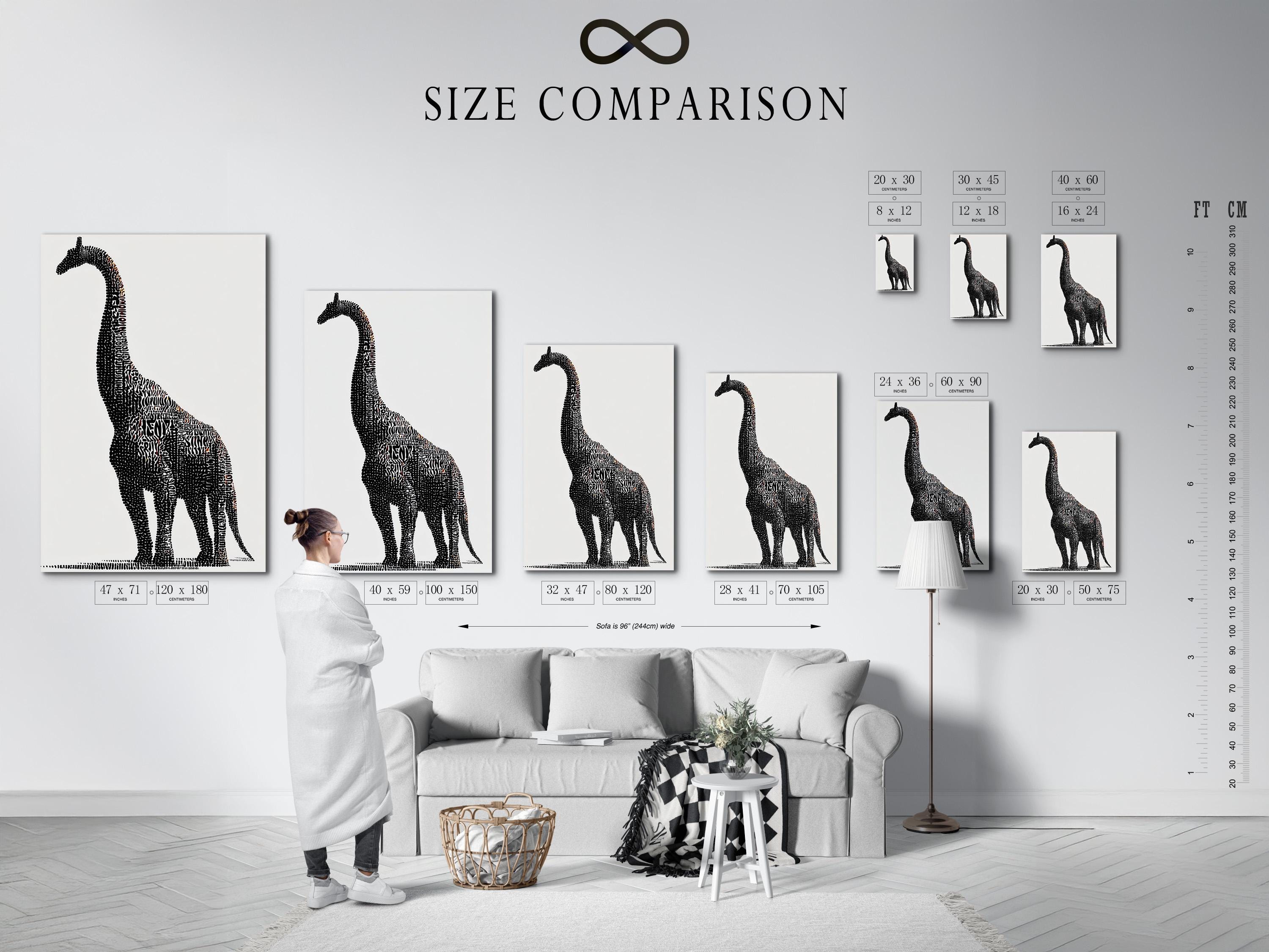Brontosaurus silhouette made of dense black dots with small terracotta accents on a light background detail view