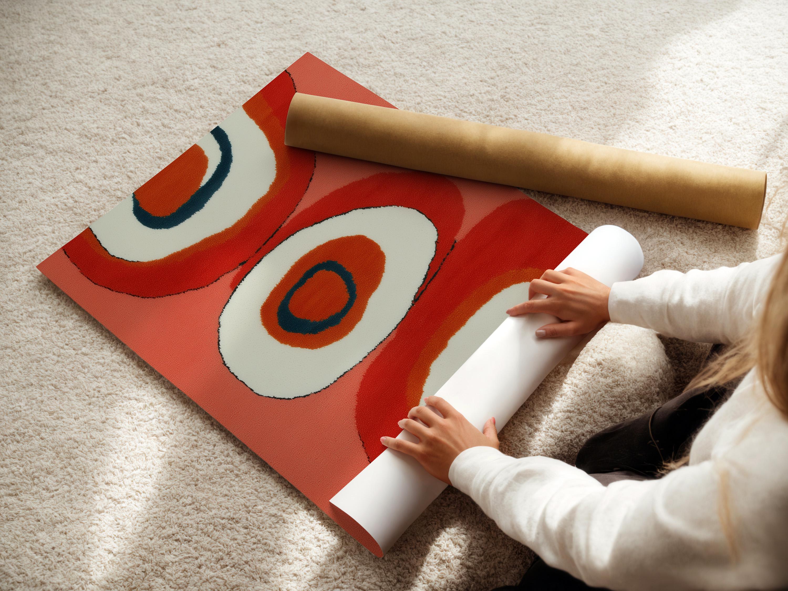 Coral and navy abstract artwork with retro ring shapes and off-white circular centres detail view