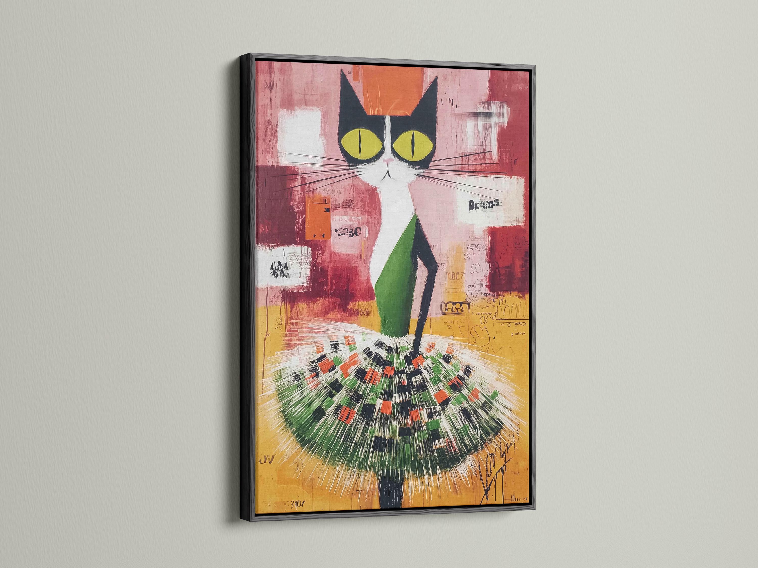 Stylised abstract cat portrait with large green eyes, whiskers, and a radial burst pattern detail view