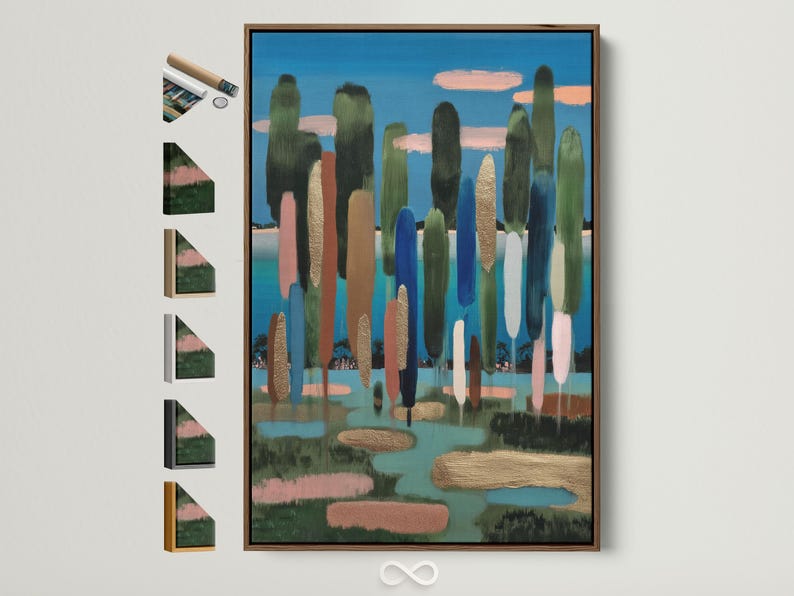 Abstract landscape with blue sky, tall green vertical shapes, and gold-toned reflections in water