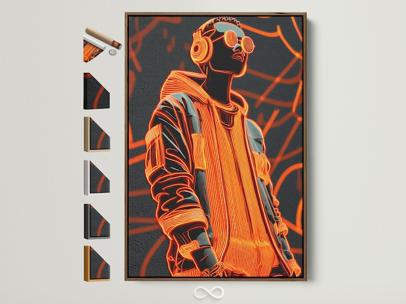 Neon orange and red stylised portrait figure in profile with graffiti-like orange shapes on dark grey background