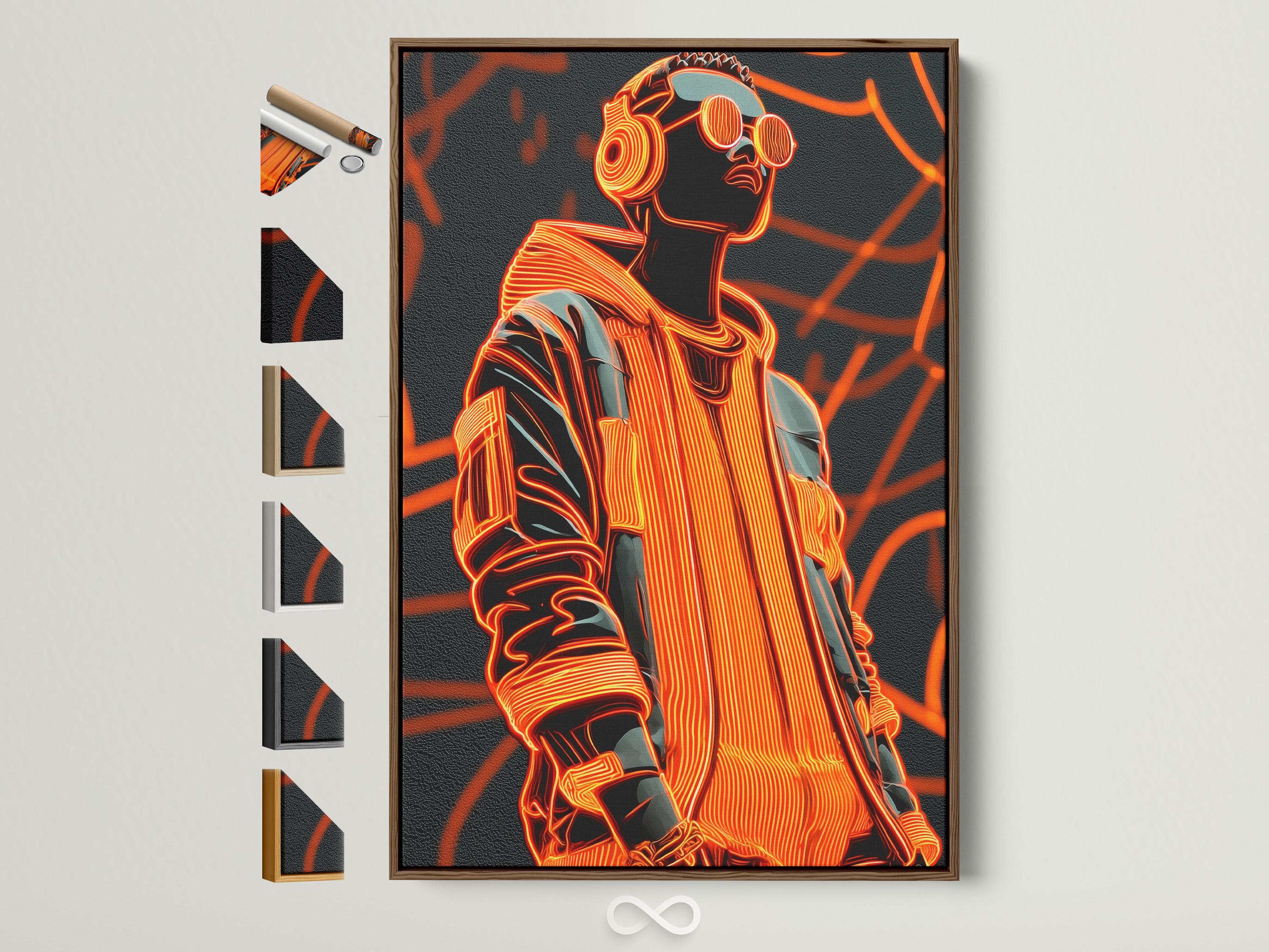 Neon orange and red stylised portrait figure in profile with graffiti-like orange shapes on dark grey background