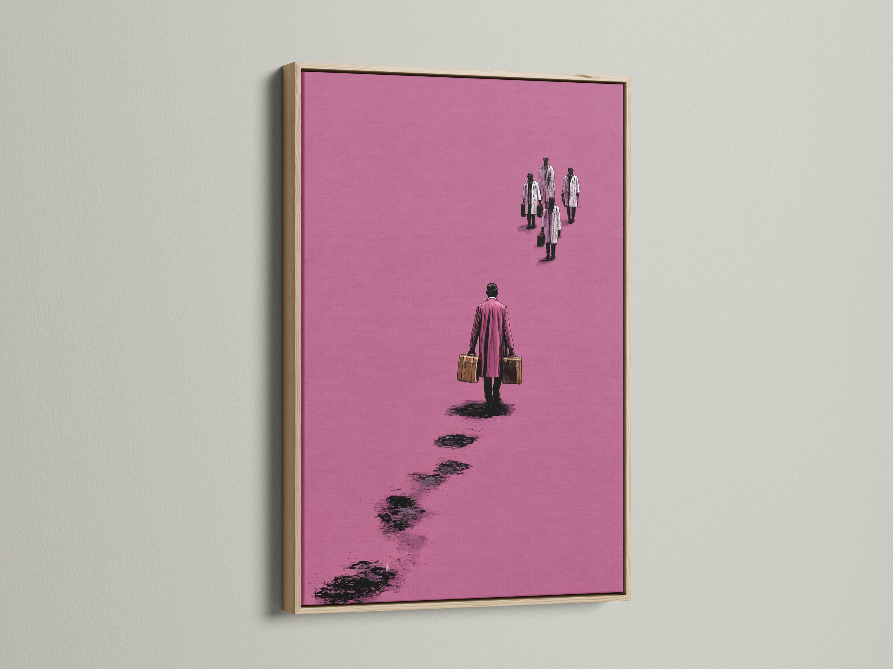 Mockup showing a framed pink minimalist traveller figure artwork on a light background