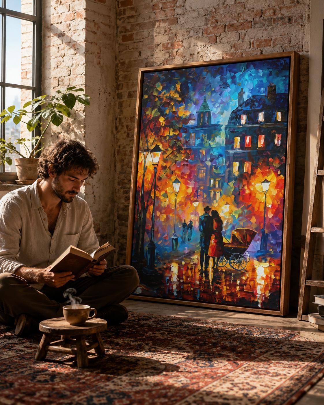 Room mockup showing a framed impressionist city street artwork on a wall