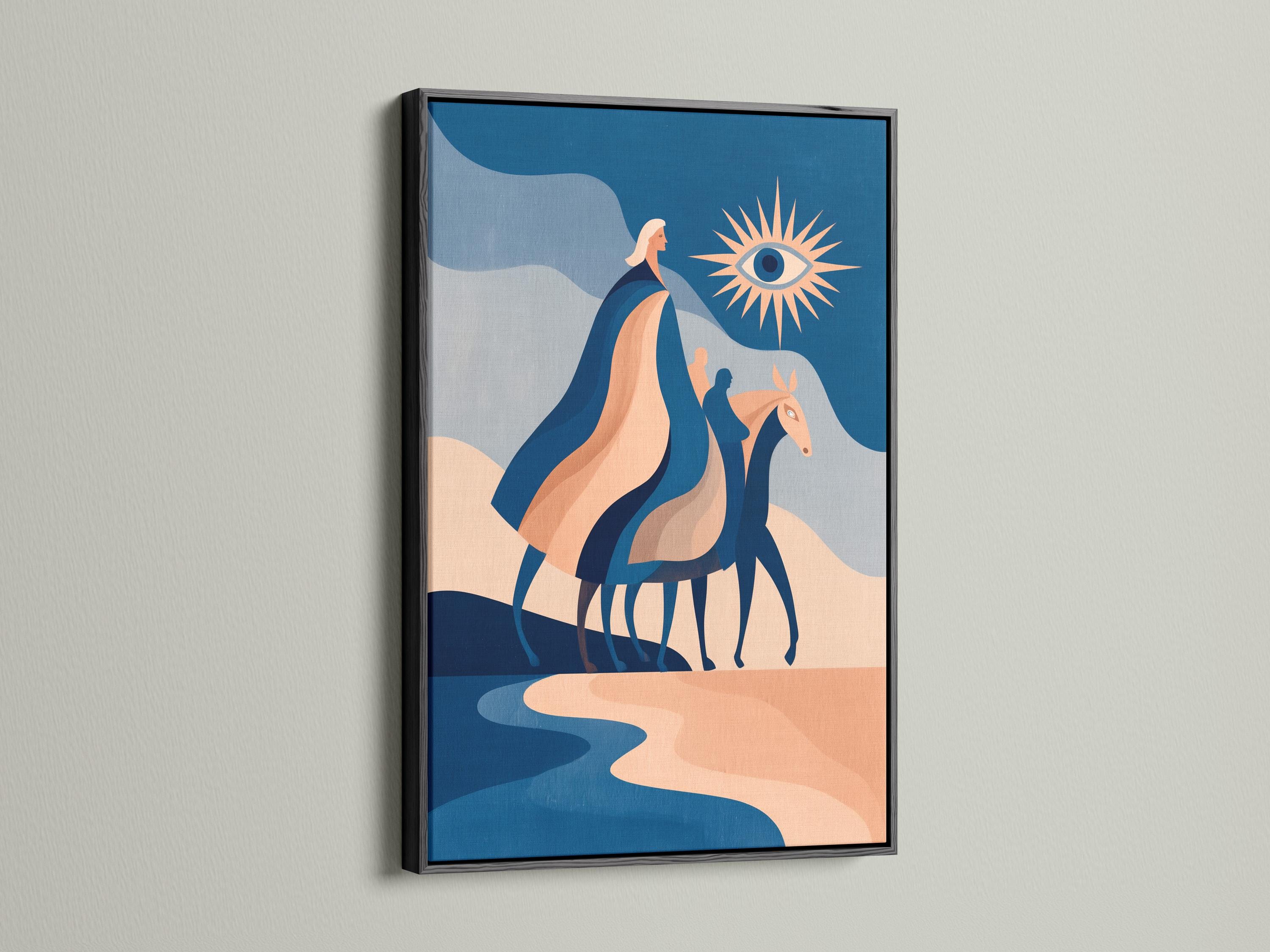 Stylised horse artwork in blue and peach with a sunburst eye motif detail view
