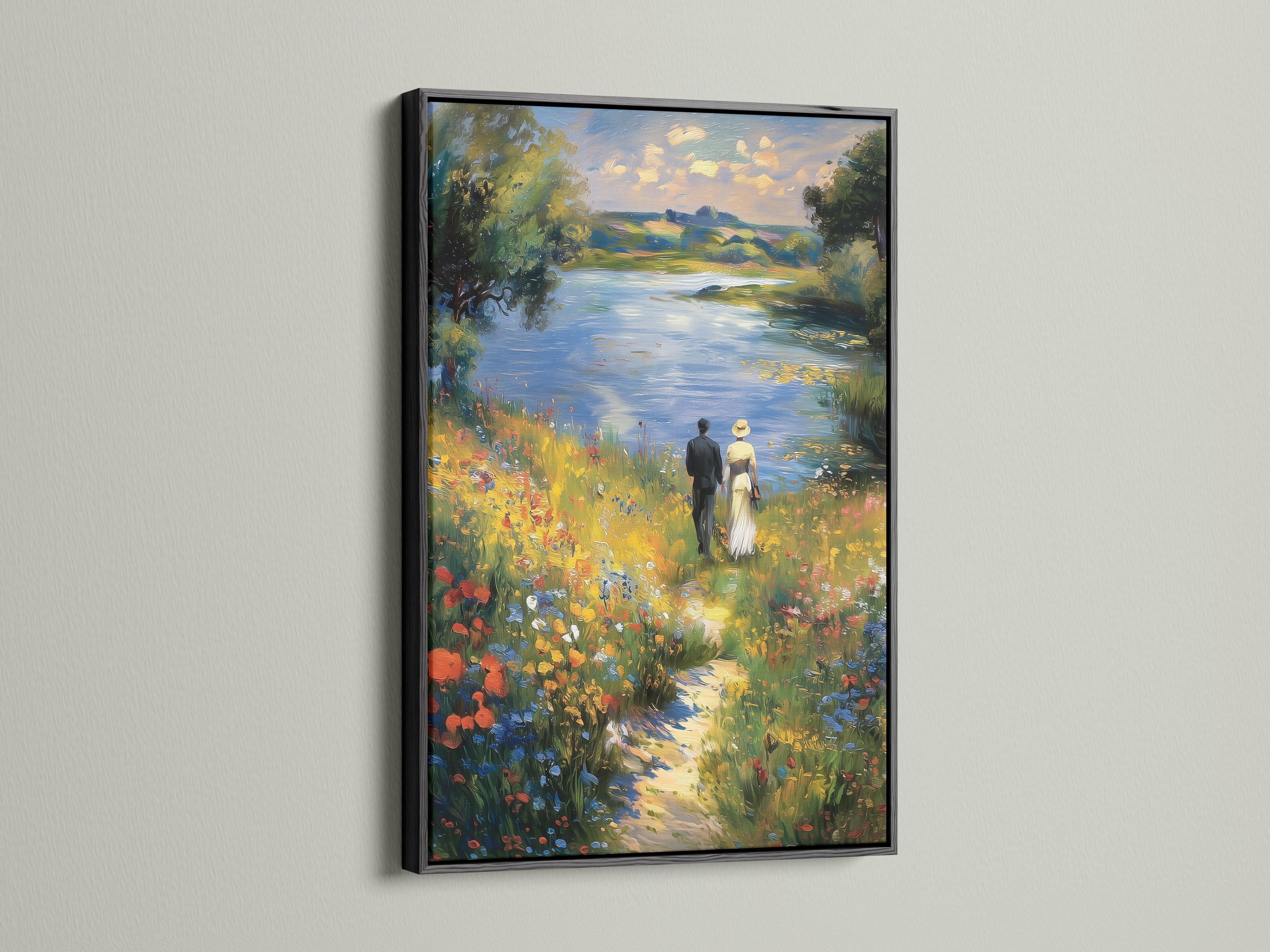 An impressionist lake scene shows a standing couple in a flower-filled meadow, with a blue sky, leafy trees, and shimmering reflections detail view