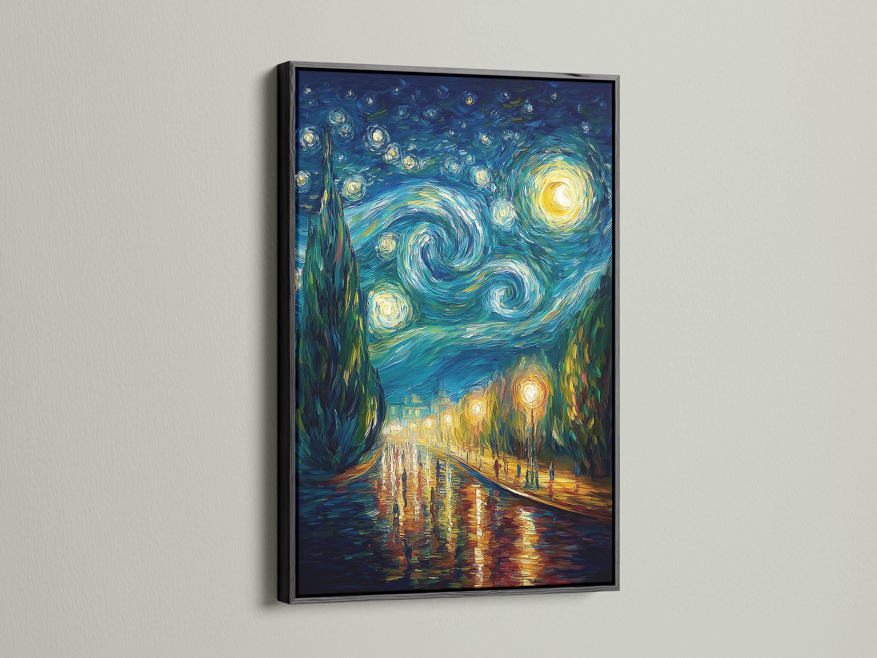 Room mockup showing a framed starry night painting on a light wall
