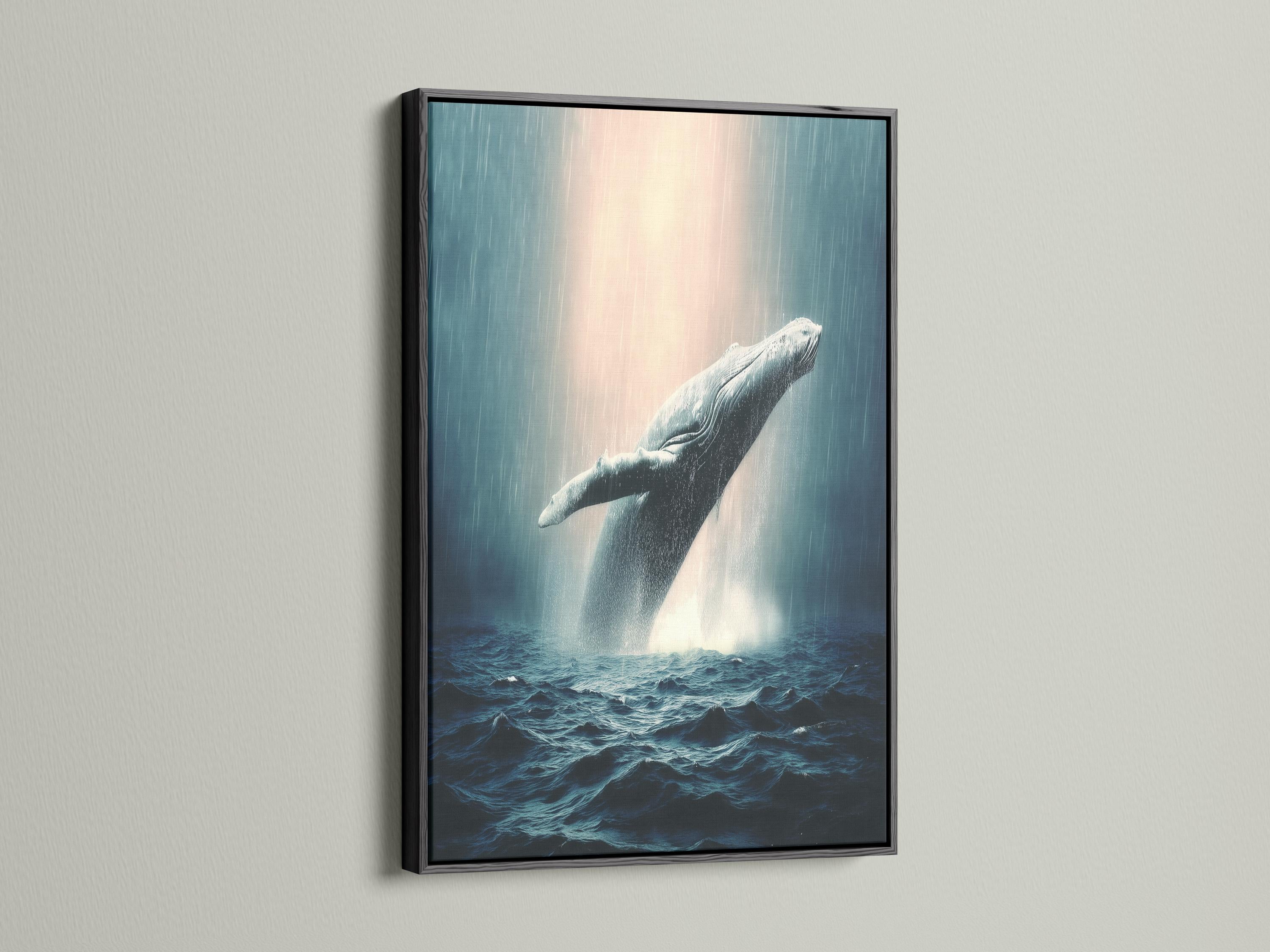 A breaching whale over choppy blue ocean waves with foamy spray and a misty pale sky detail view