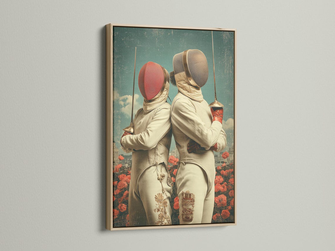 Two fencers in cream masks standing back-to-back with red roses and a hazy city skyline detail view