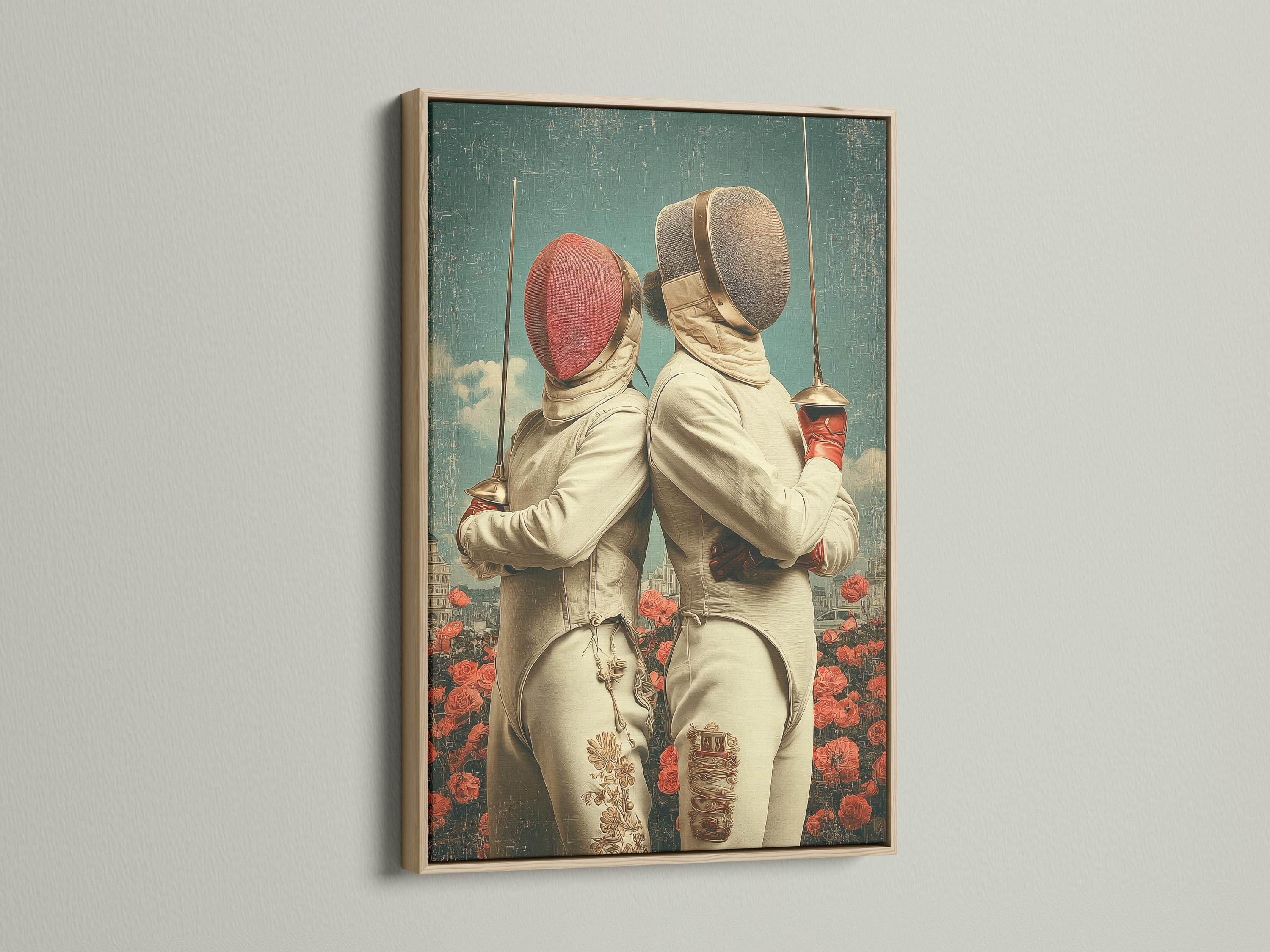 Two fencers in cream masks standing back-to-back with red roses and a hazy city skyline detail view