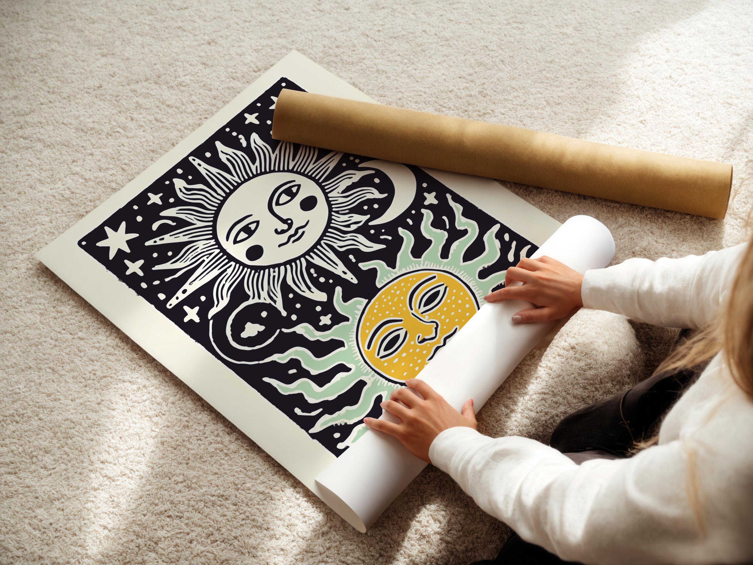Room mockup showing framed sun and moon celestial artwork on a wall with decorative items nearby
