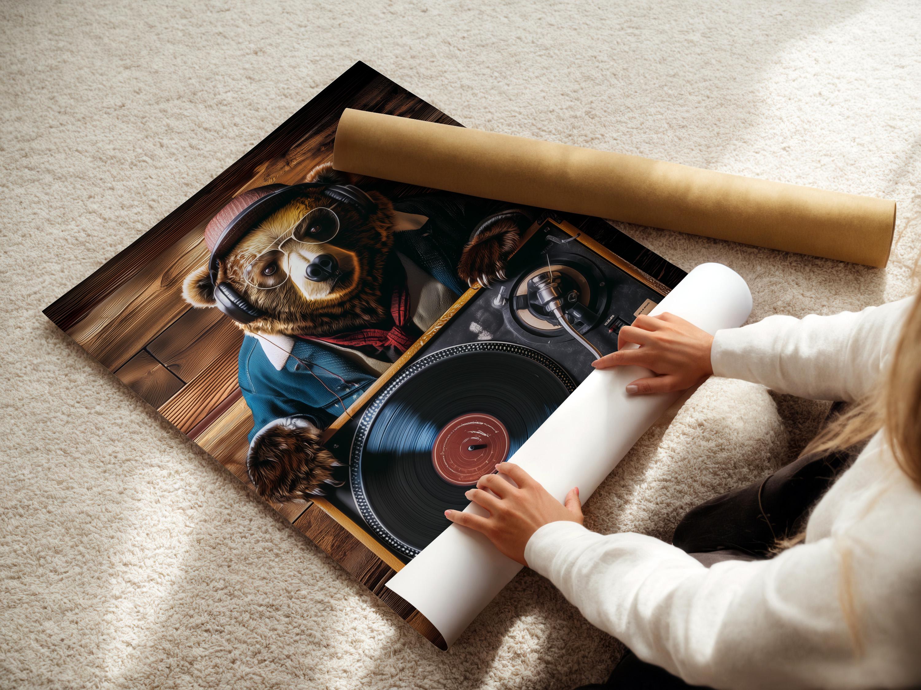 DJ bear wearing headphones and glasses behind a turntable with a vinyl record, set against dark wood planks detail view