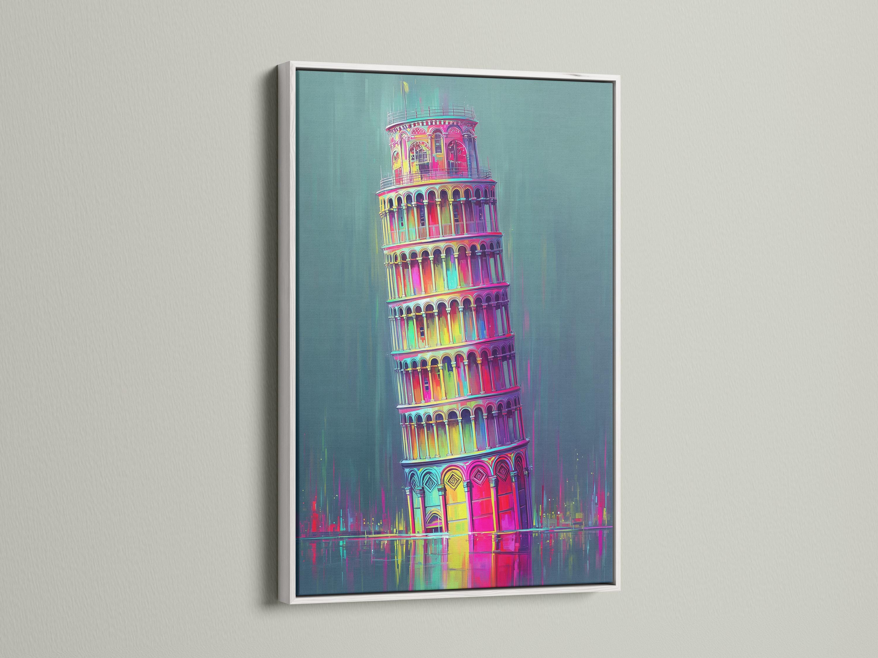 Mockup showing a framed neon rainbow Leaning Tower of Pisa illustration on a wall