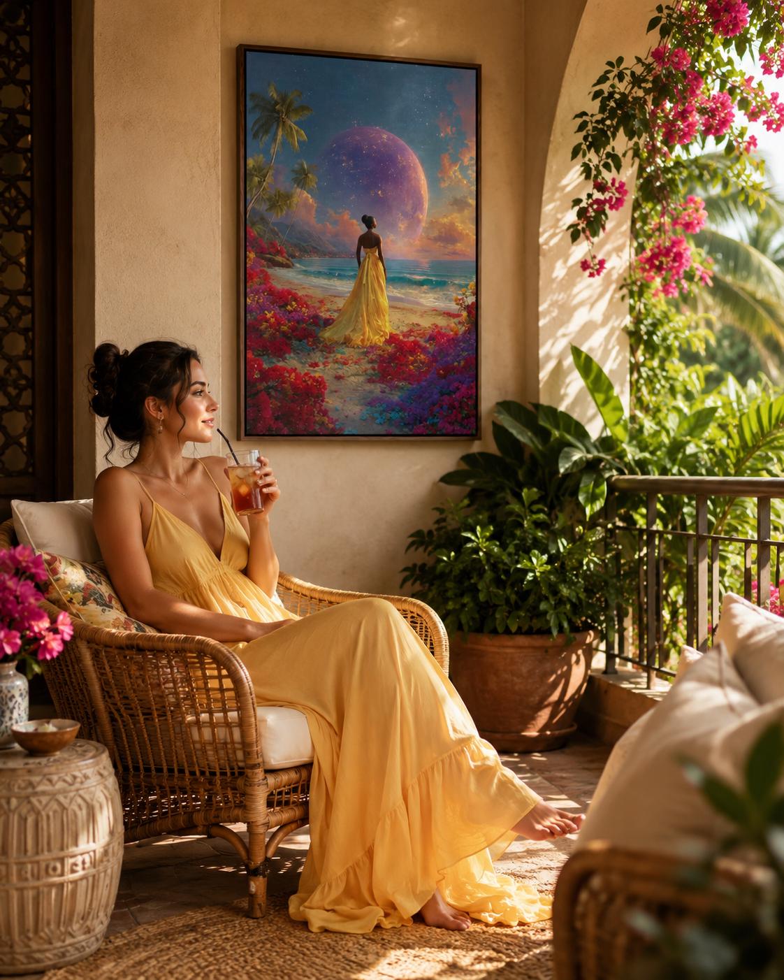 Room scene with a woman in a gold dress tropical beach artwork leaning against a wall