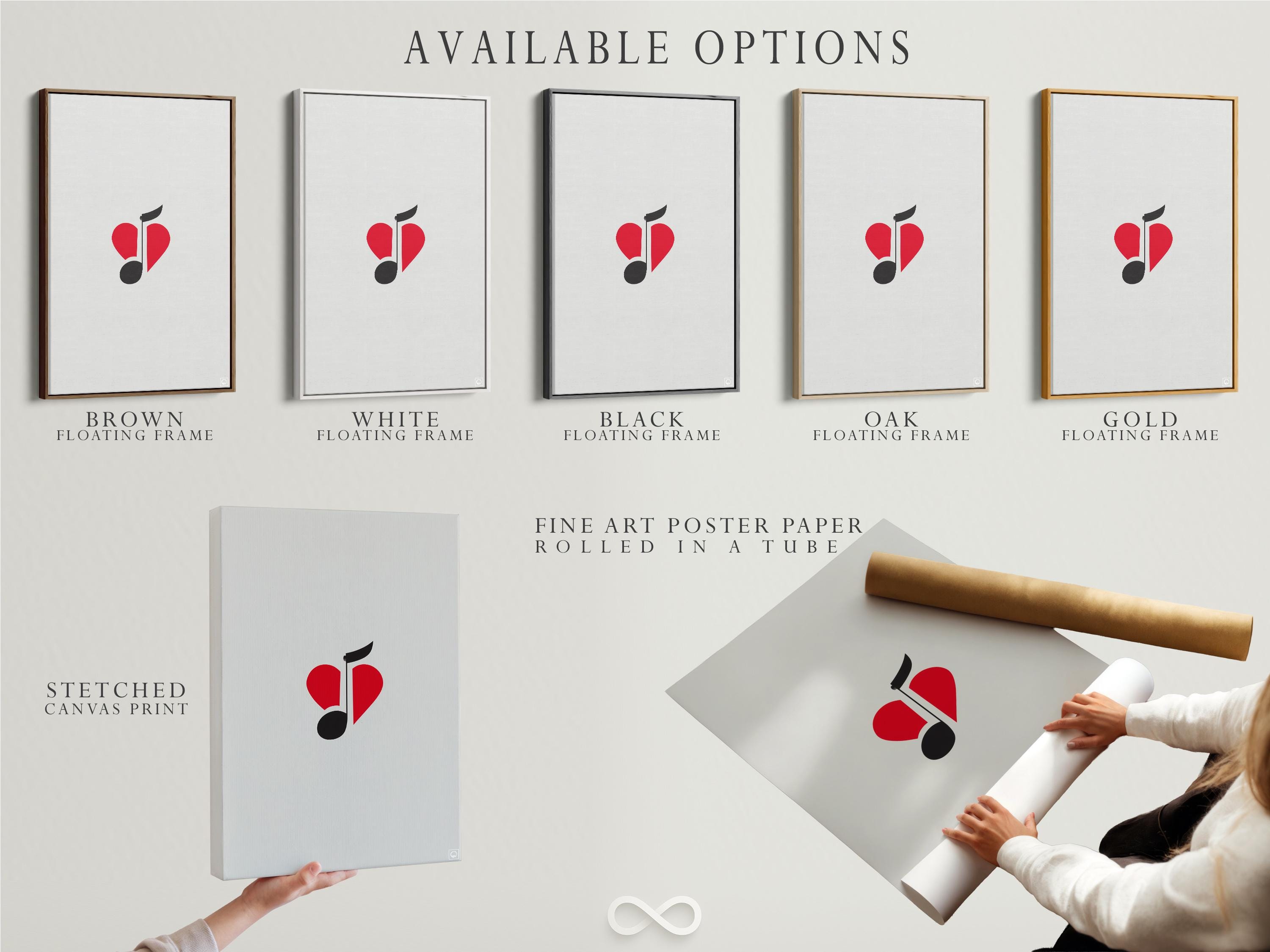Wall mockup of minimalist red heart and black music note artwork