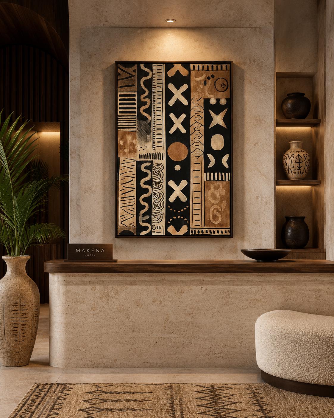 Living room mockup with a framed beige and black tribal abstract pattern above a sofa
