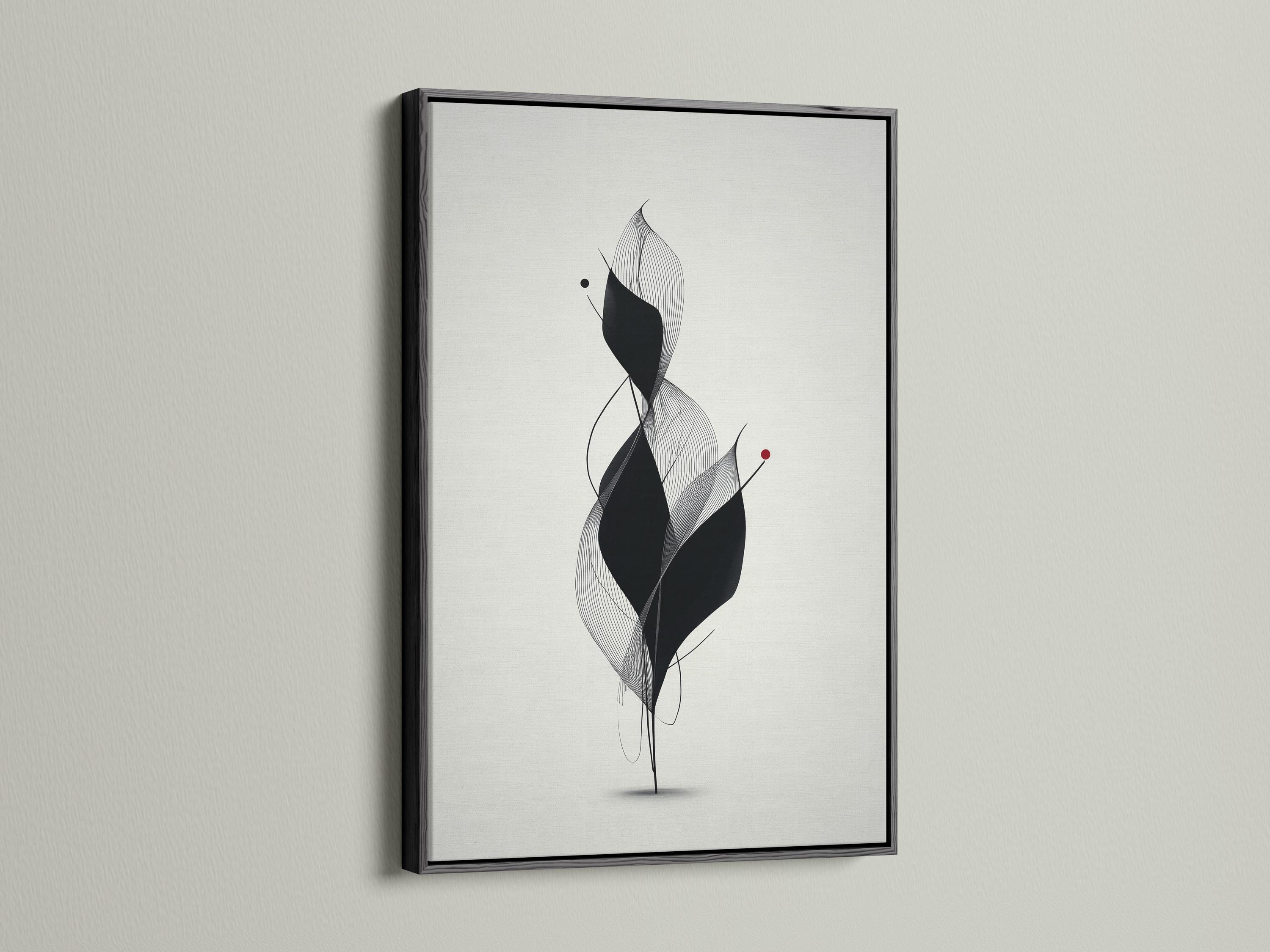 Monochrome abstract flower line art with layered black petals, fine curves and a small red dot detail view