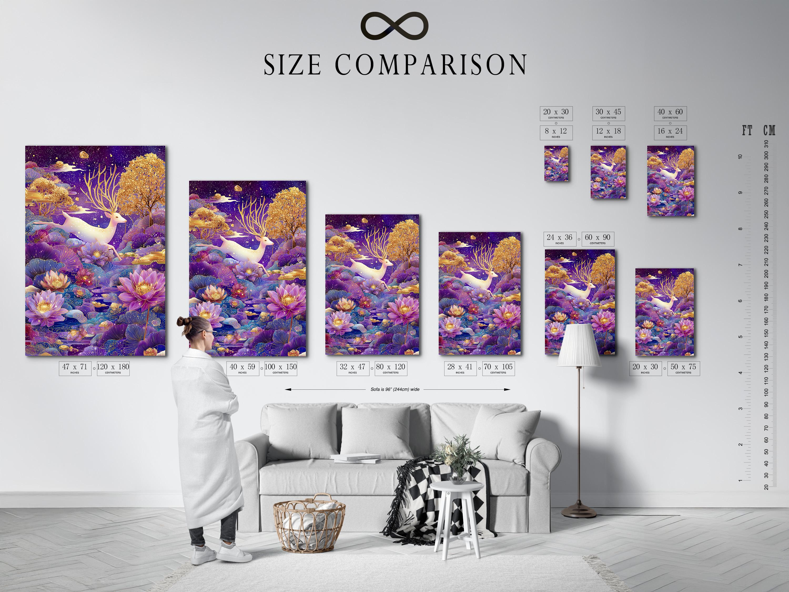Stylised deer with gold antlers among purple lotus flowers under a starry night sky detail view