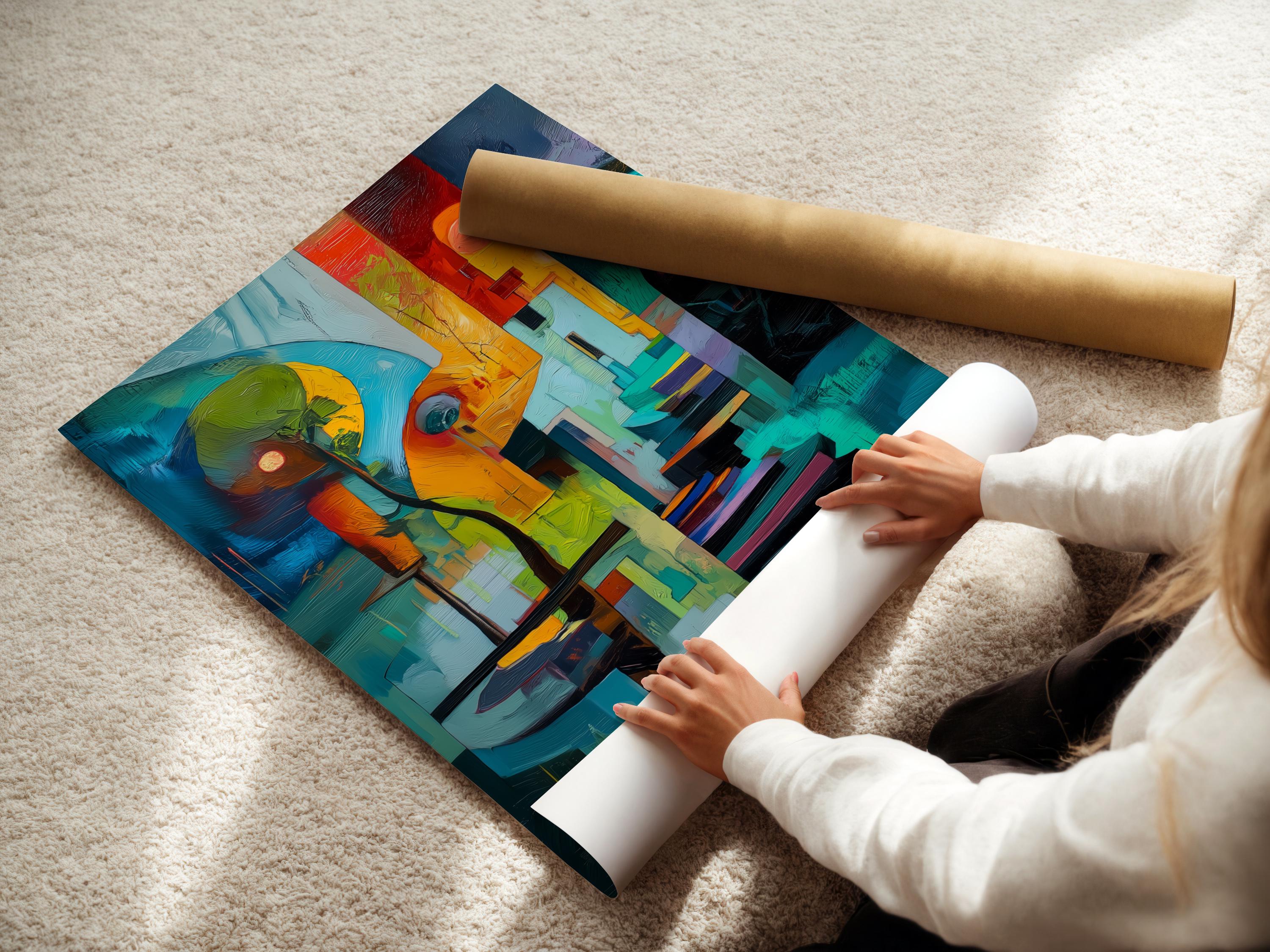 Person in yellow holding a cup standing beside a framed abstract geometric artwork