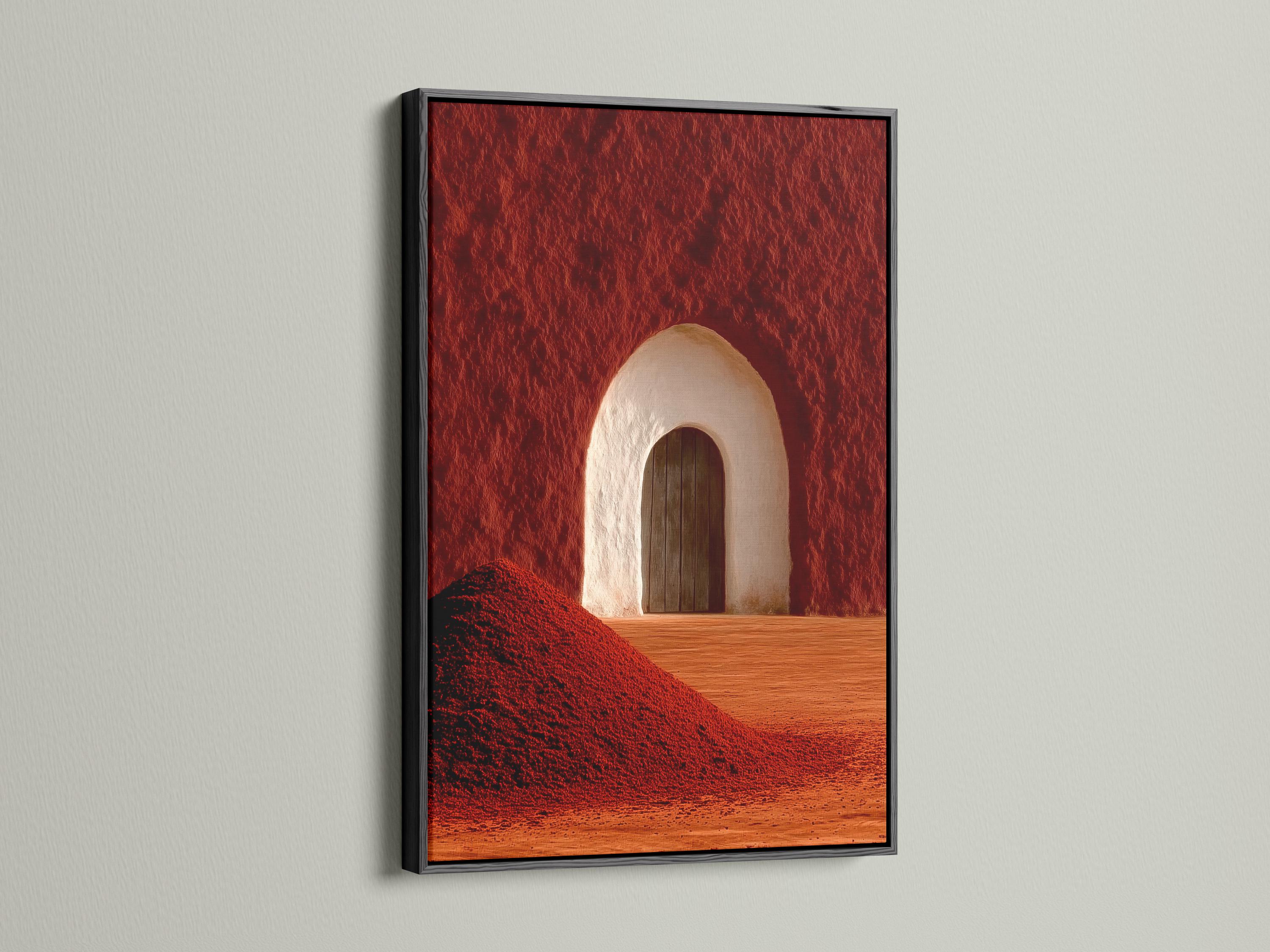 Warm red and terracotta desert arch doorway with a pale arch and wooden door panel detail view