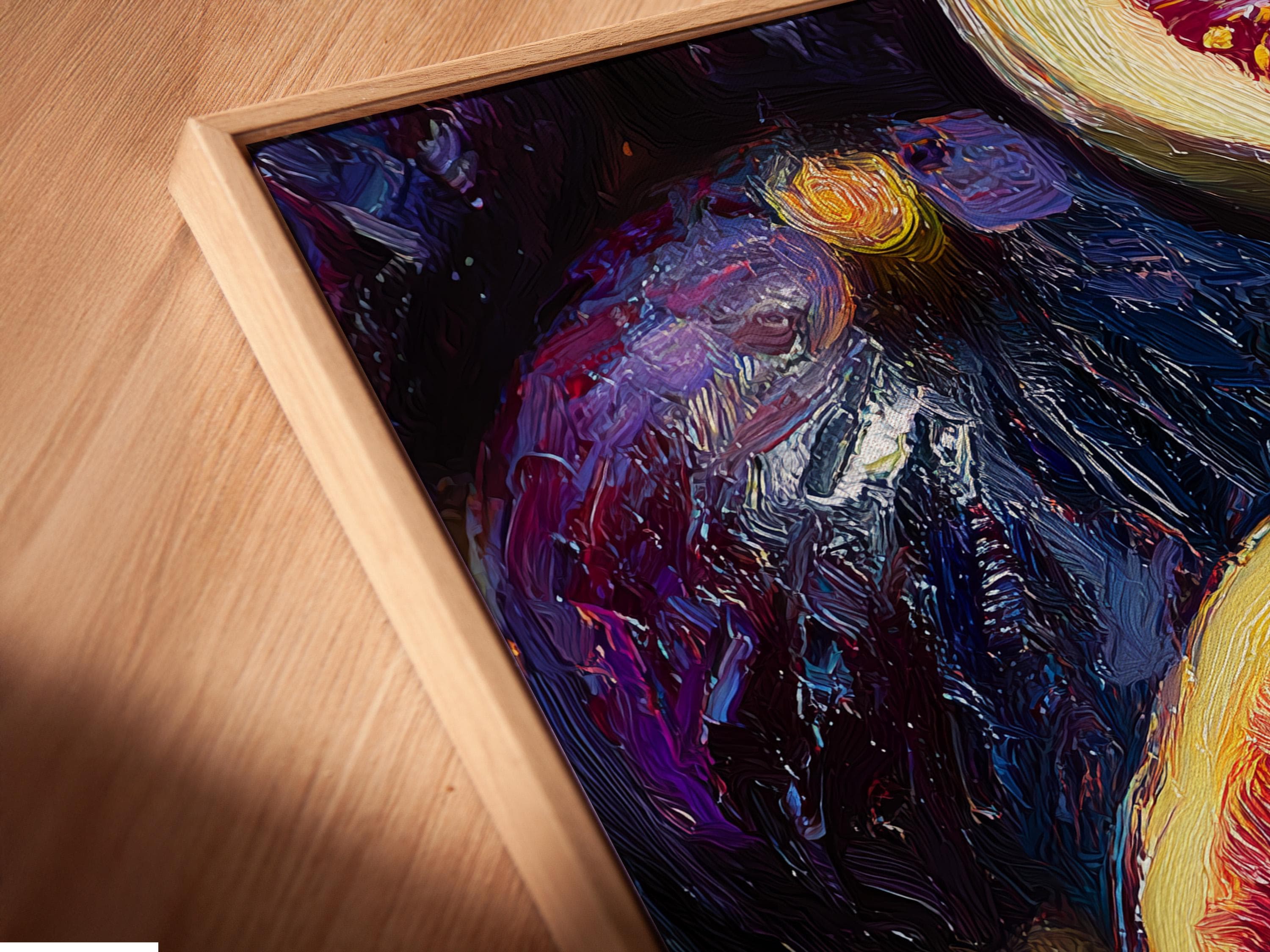 Framed purple, green and gold fig still life artwork shown in a room mockup, with stacked thumbnails at left