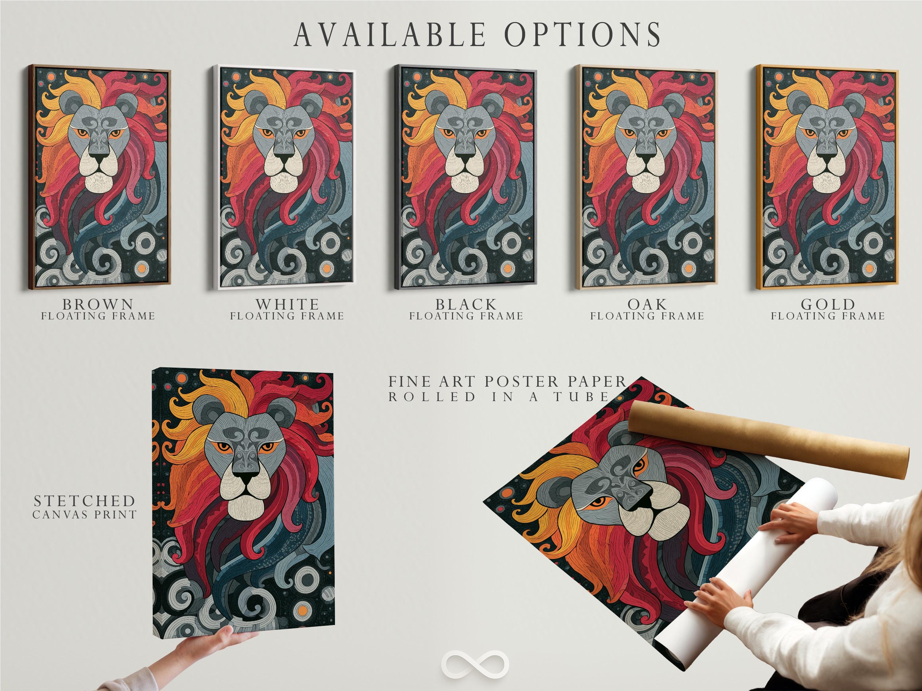 Lion portrait artwork shown in a framed mockup display