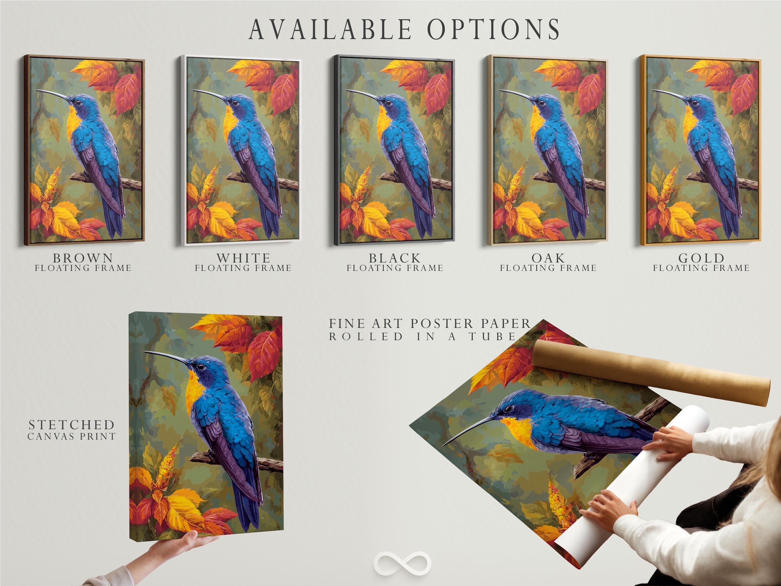 Illustrated hummingbird perched among autumn leaves in vivid blue, purple, gold and orange detail view