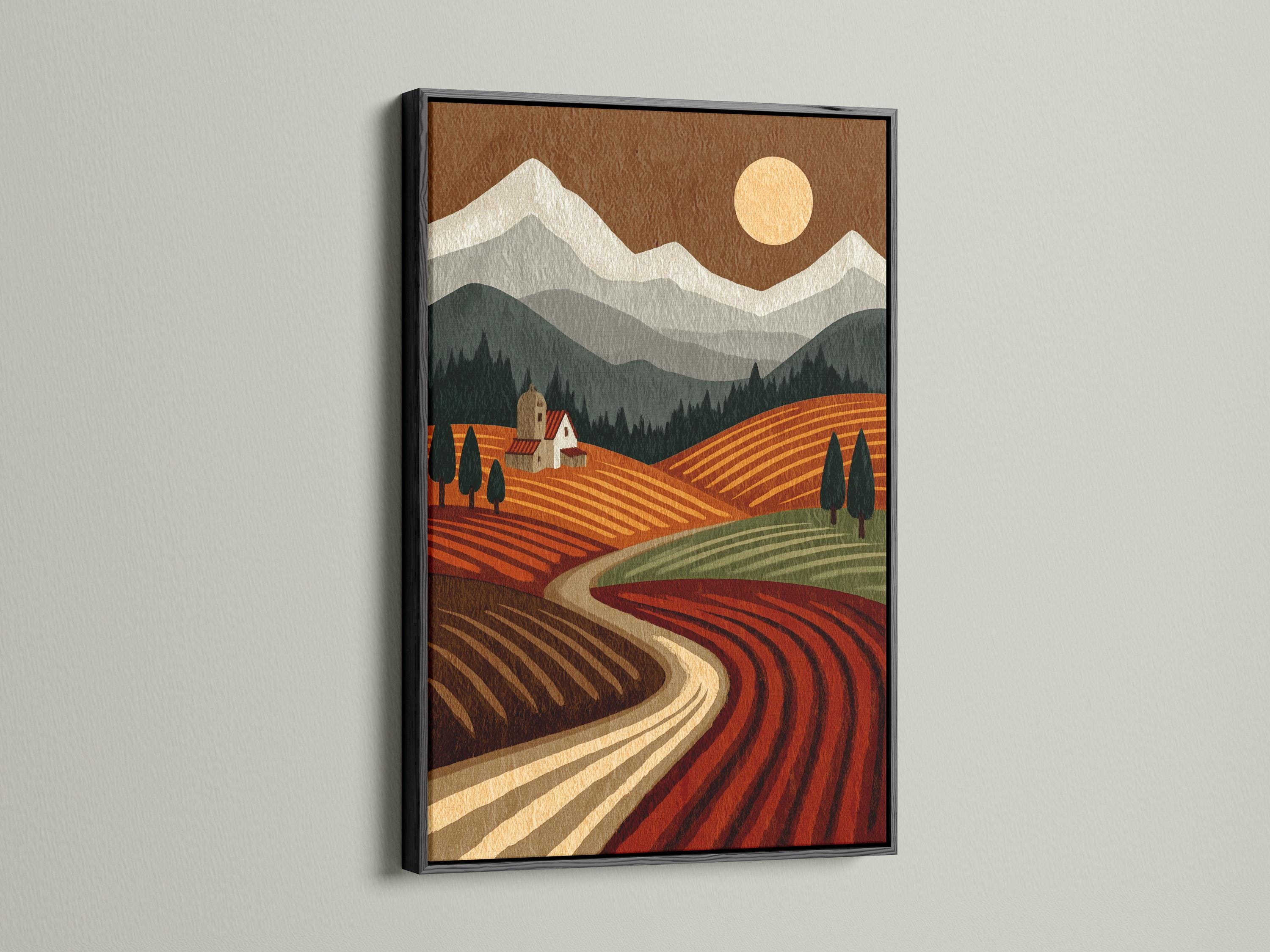 Stylised countryside landscape with terraced fields, farmhouse, trees, mountains and a warm sun detail view