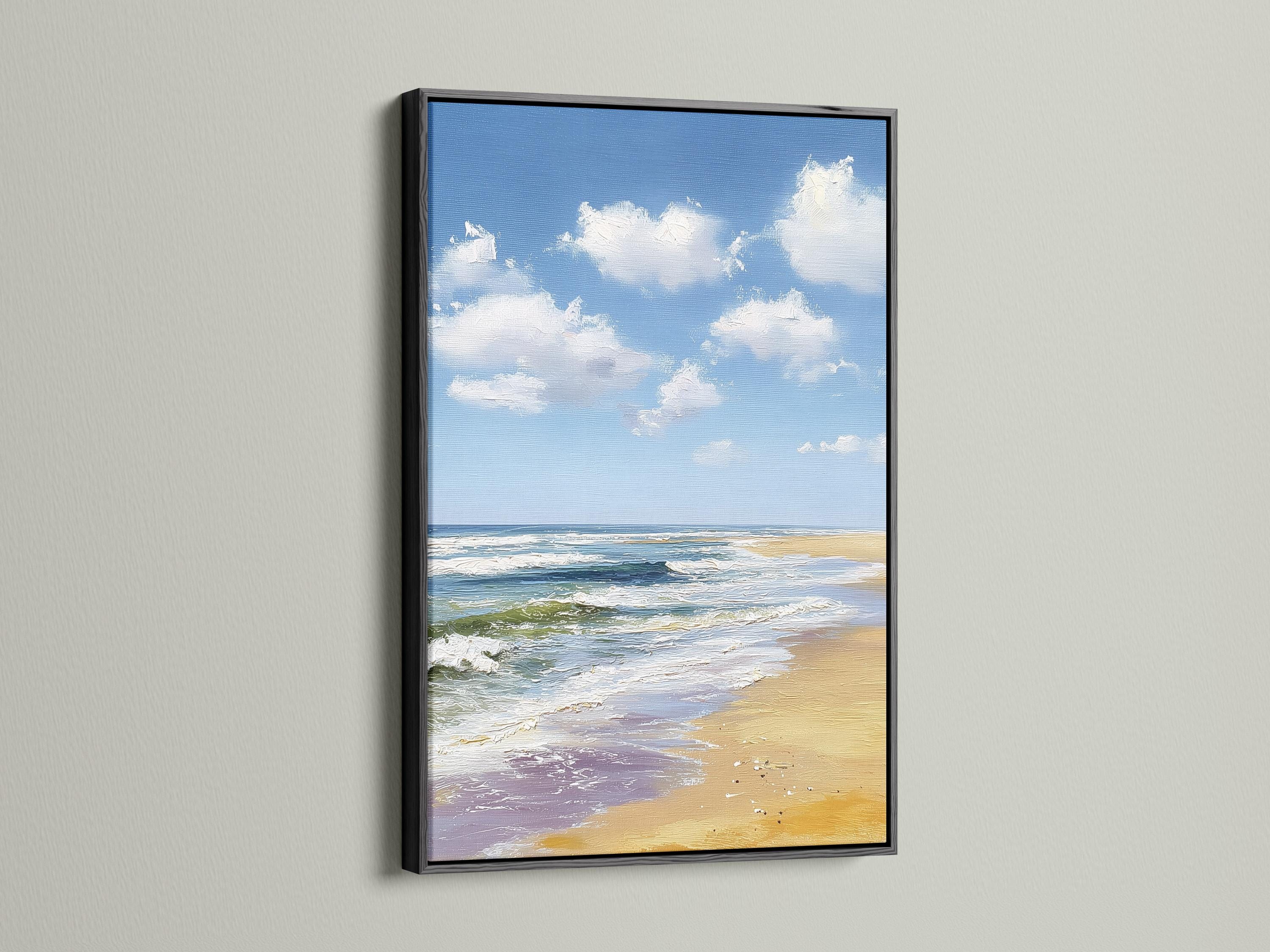 Blue ocean seascape with fluffy white clouds and foamy waves over sandy shore detail view