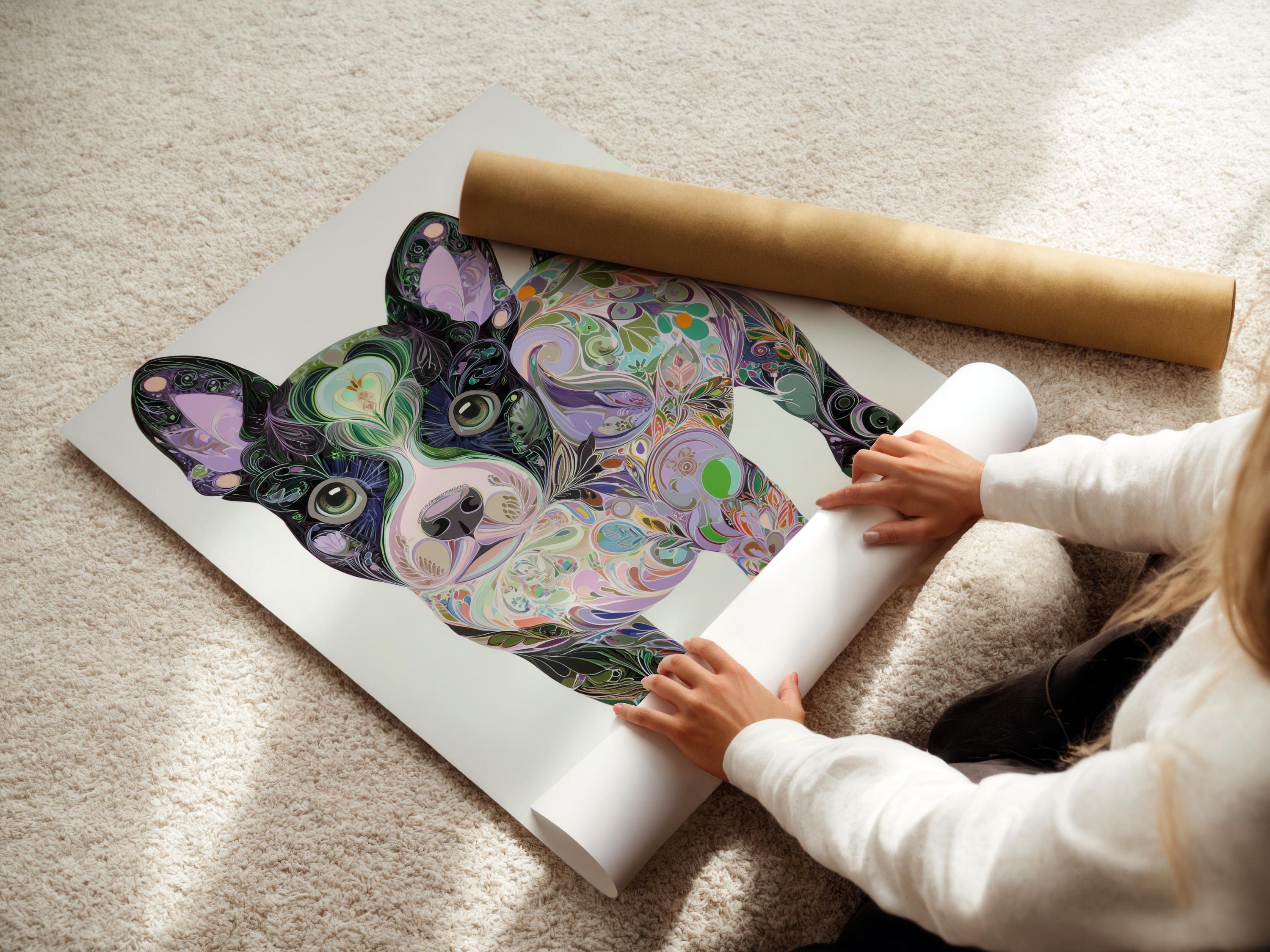 Stylised dog portrait filled with swirling floral patterns in purple, green and pink on a light background detail view