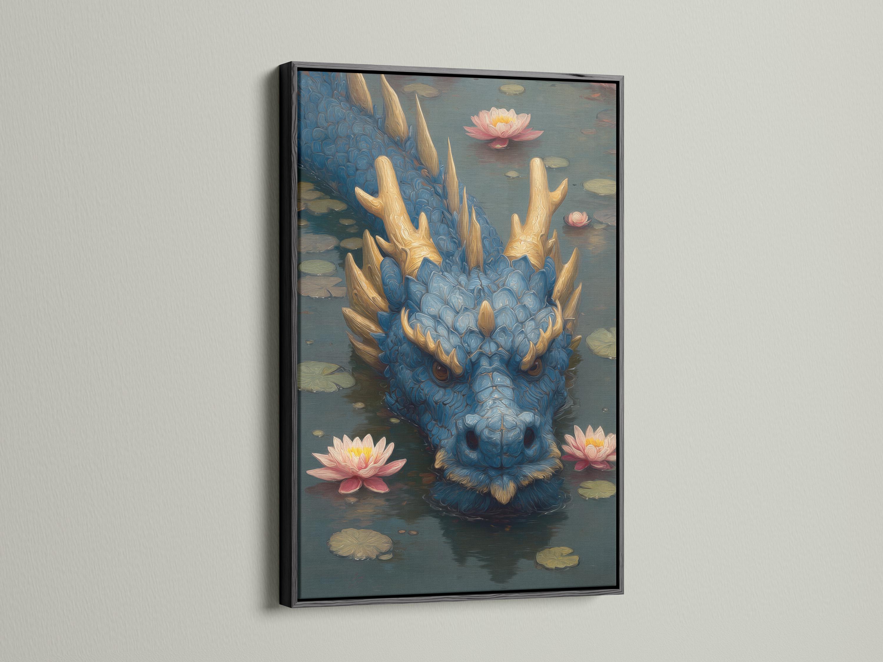 Blue dragon head emerging from dark water with pink lotus flowers and gold horns detail view