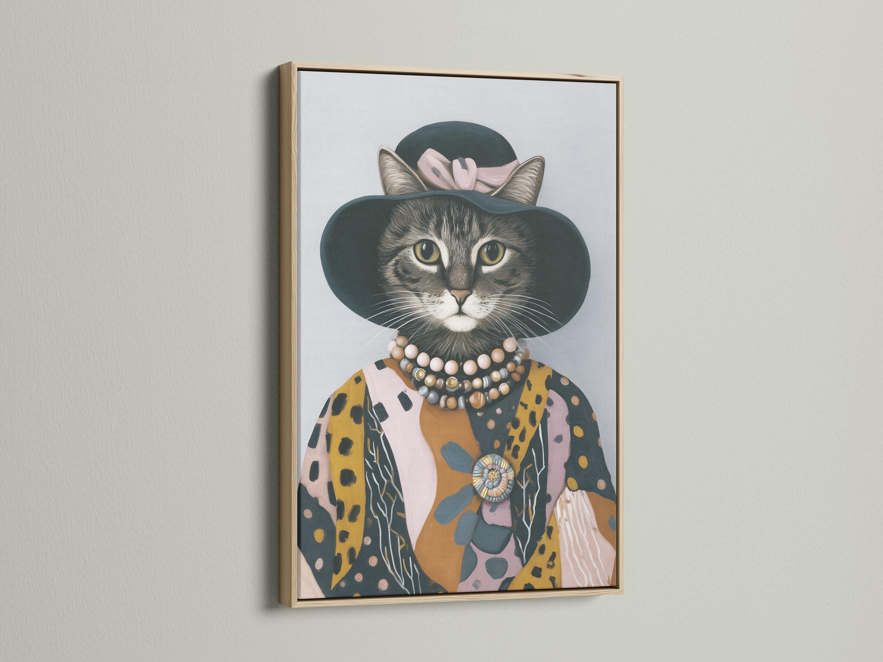 Stylised cat portrait with a dark hat, patterned coat, beaded collar and ornate brooch detail view