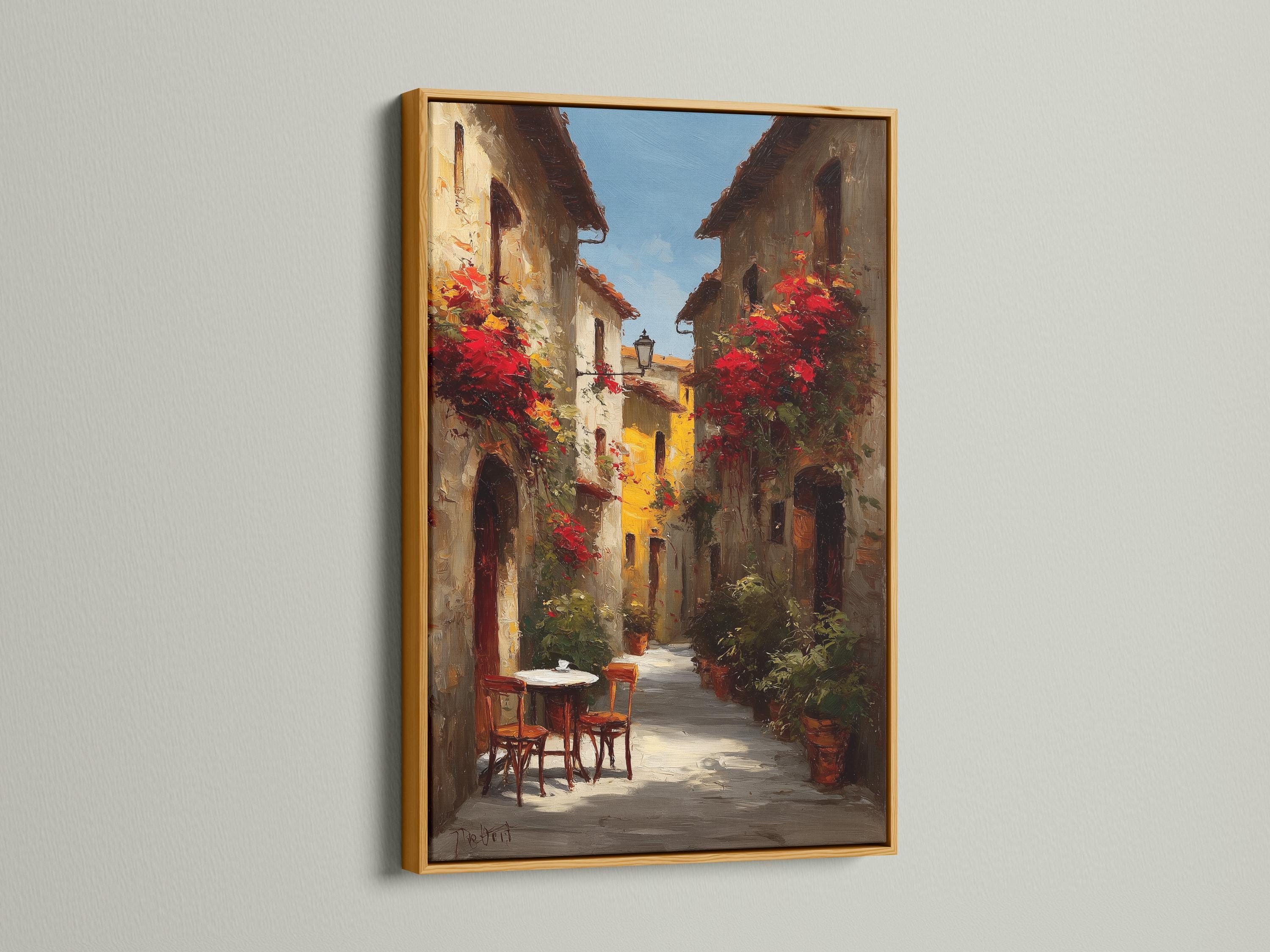A sunlit alley scene with warm golden light, red flowering vines, and old European buildings leads the eye to a small table in the distance detail