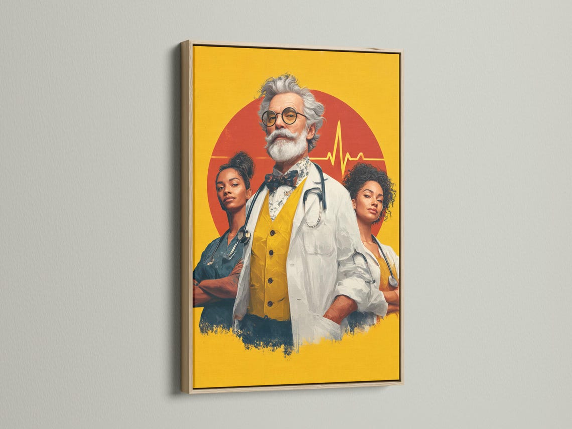 Stylised doctor and two nurses portrait on a mustard-yellow background with red circle and heart-rate line detail view