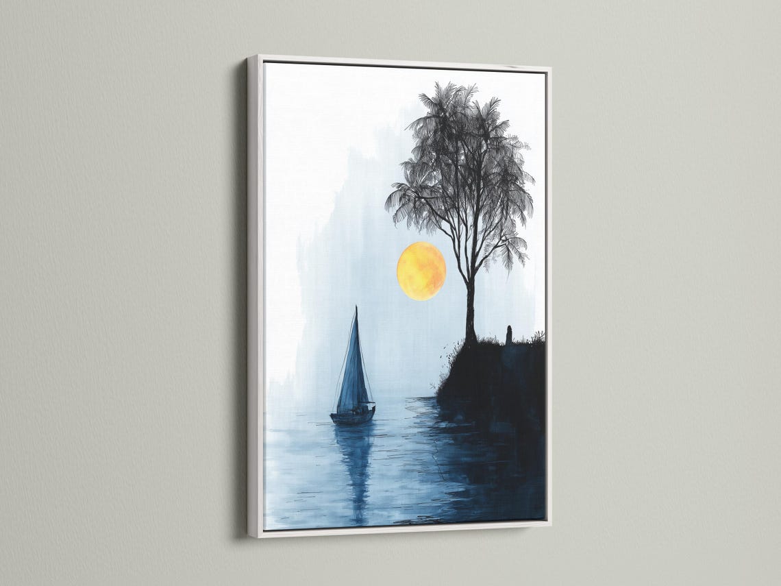 Minimalist seascape with a sailboat on blue water, a palm tree silhouette and a glowing yellow sun detail view