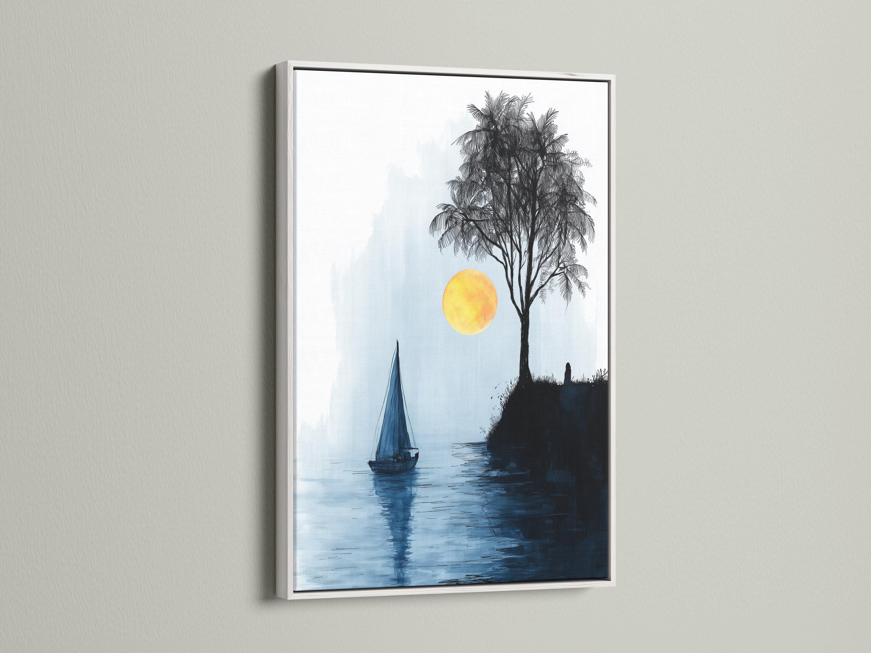 Minimalist seascape with a sailboat on blue water, a palm tree silhouette and a glowing yellow sun detail view