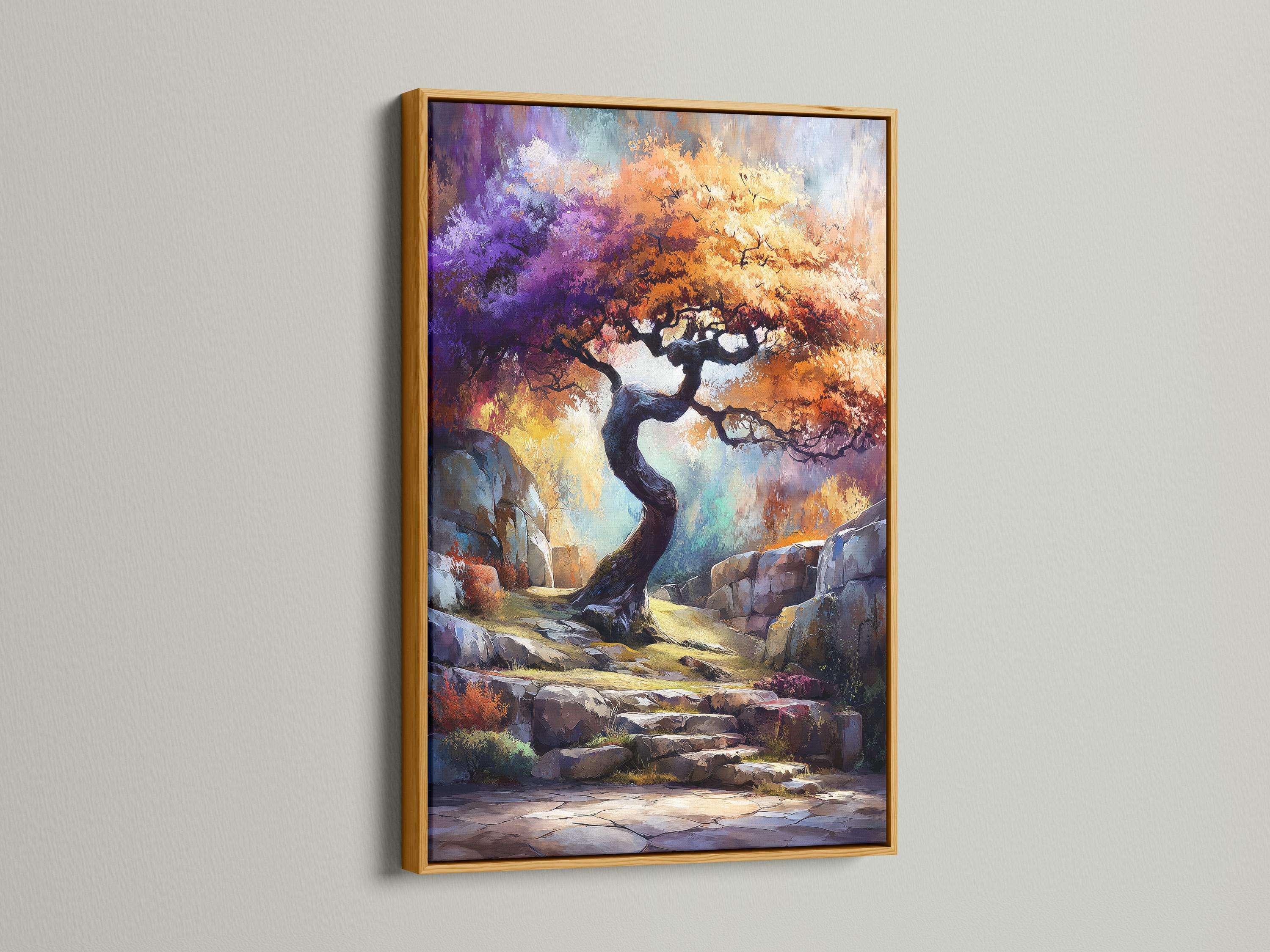 Fantasy tree landscape artwork with a twisted tree, rocky steps and vivid purple, orange and blue colours detail view