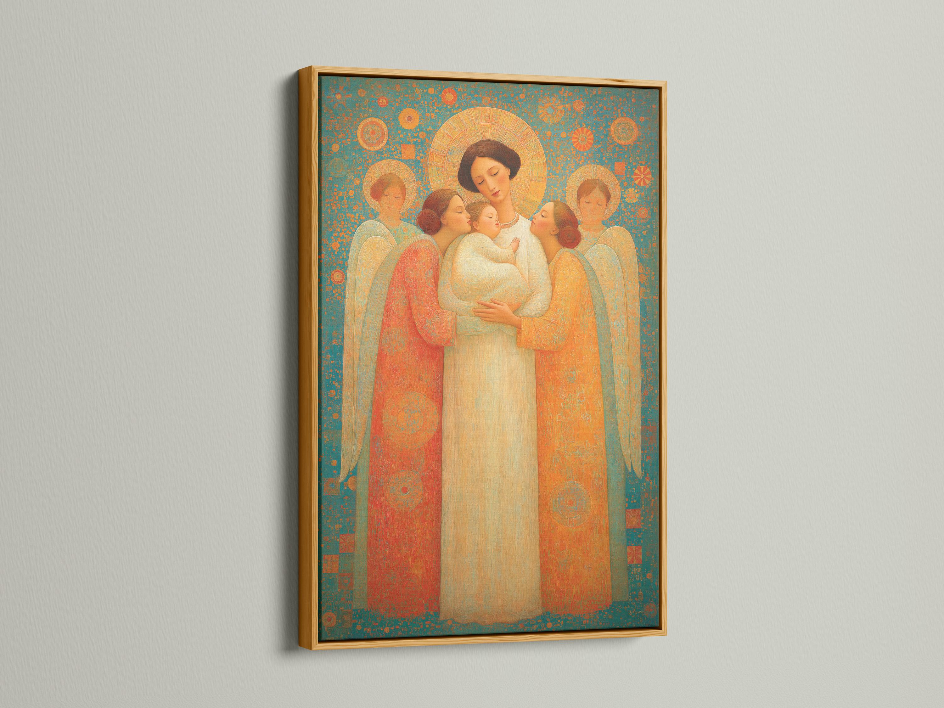 Angel family scene with haloed figures in teal, gold and cream, cradling a baby detail view