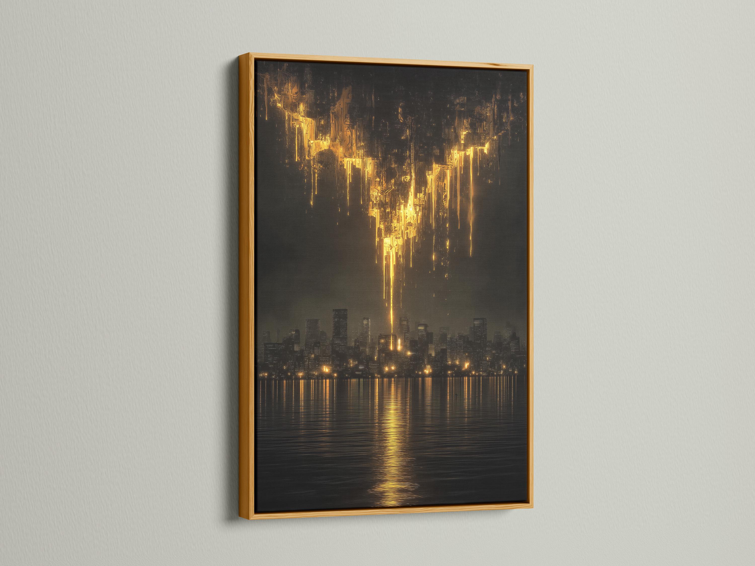 Abstract black and gold night cityscape with golden light streaks and water reflections detail view
