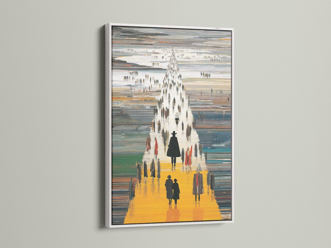Stylised city street scene with bright yellow walkway and dark silhouette pedestrians detail view