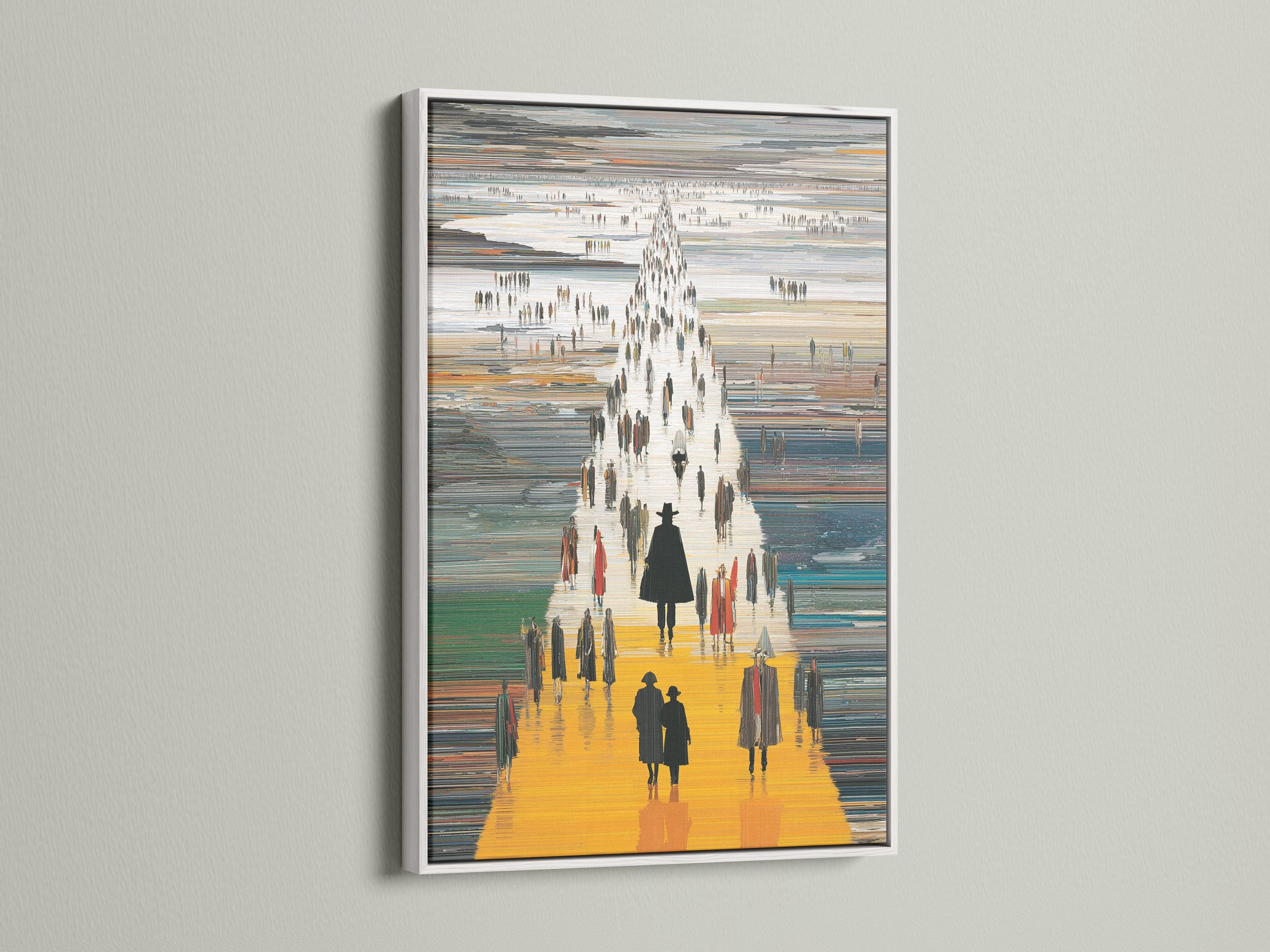 Stylised city street scene with bright yellow walkway and dark silhouette pedestrians detail view