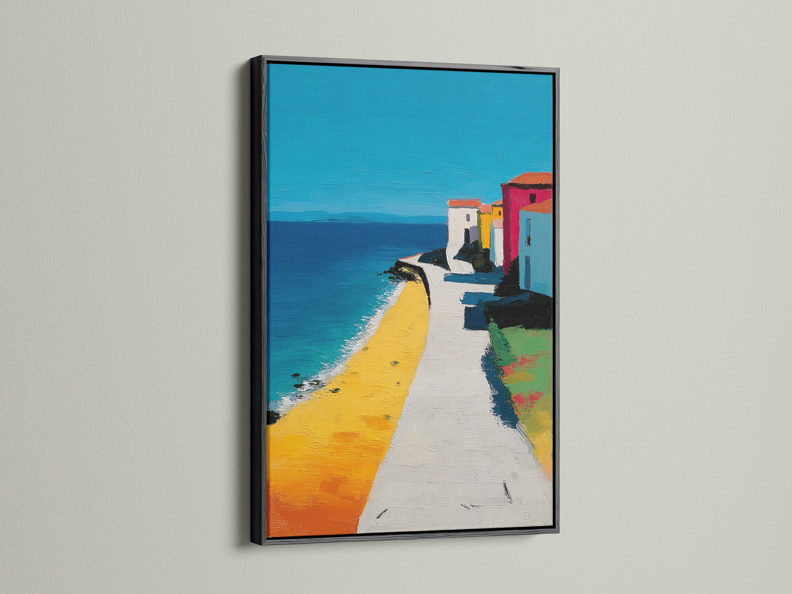 A bright seaside town scene shows turquoise ocean, a yellow sandy beach, and colourful buildings with painterly texture and strong diagonal detail