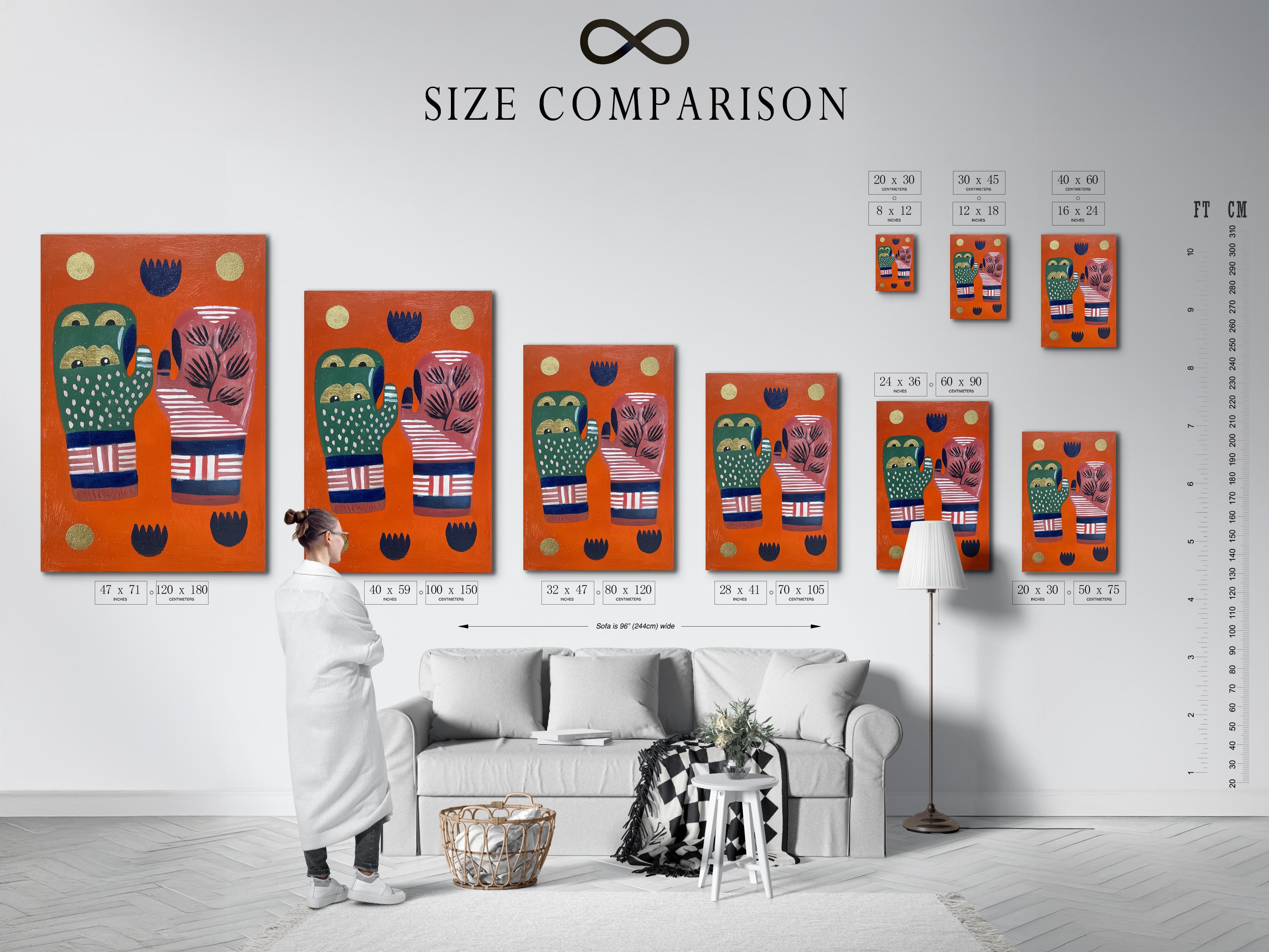 Room mockup showing orange folk art hands artwork with tree motif
