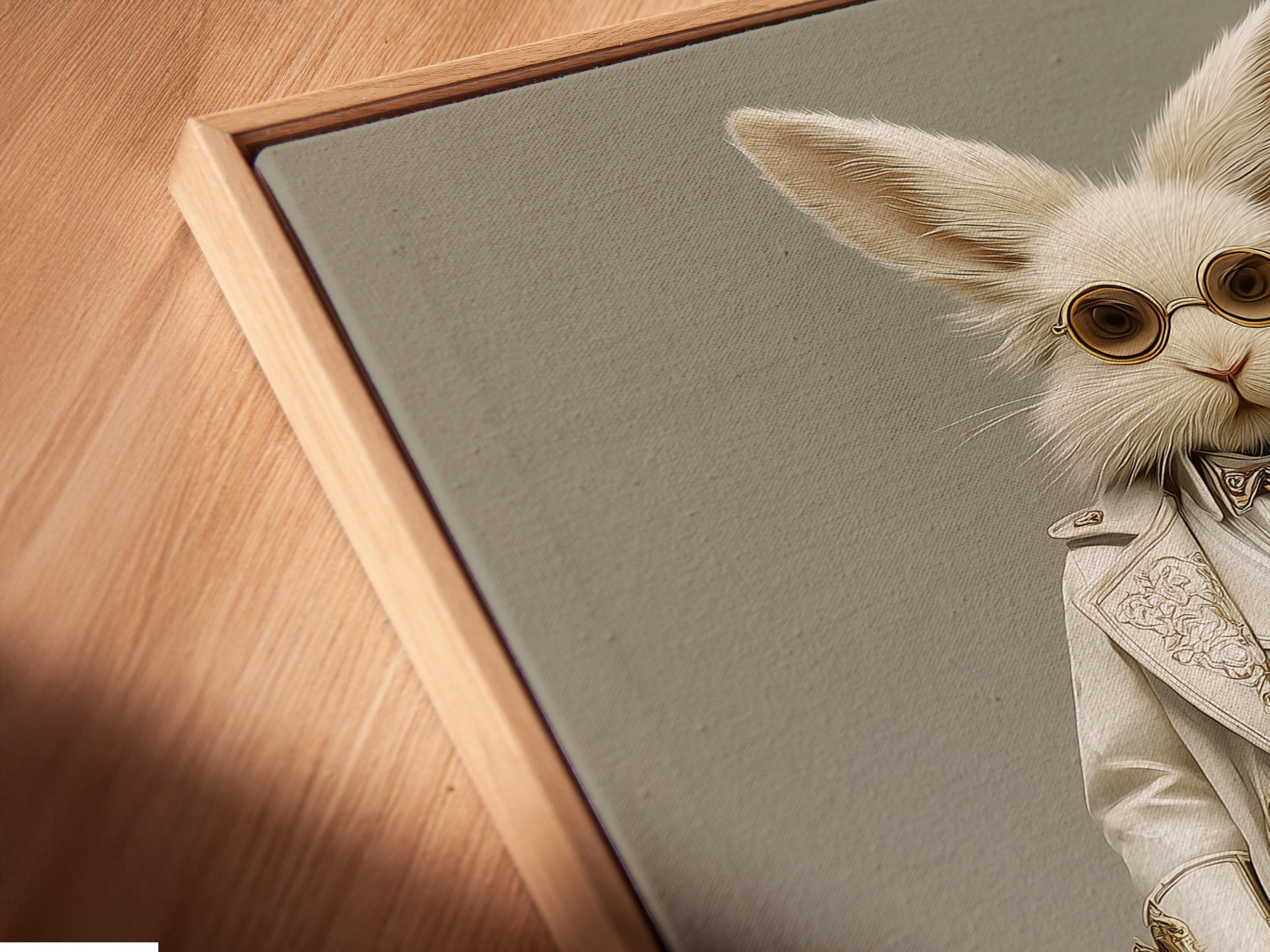 A framed rabbit portrait artwork featuring a white rabbit with round gold spectacles and a Victorian outfit
