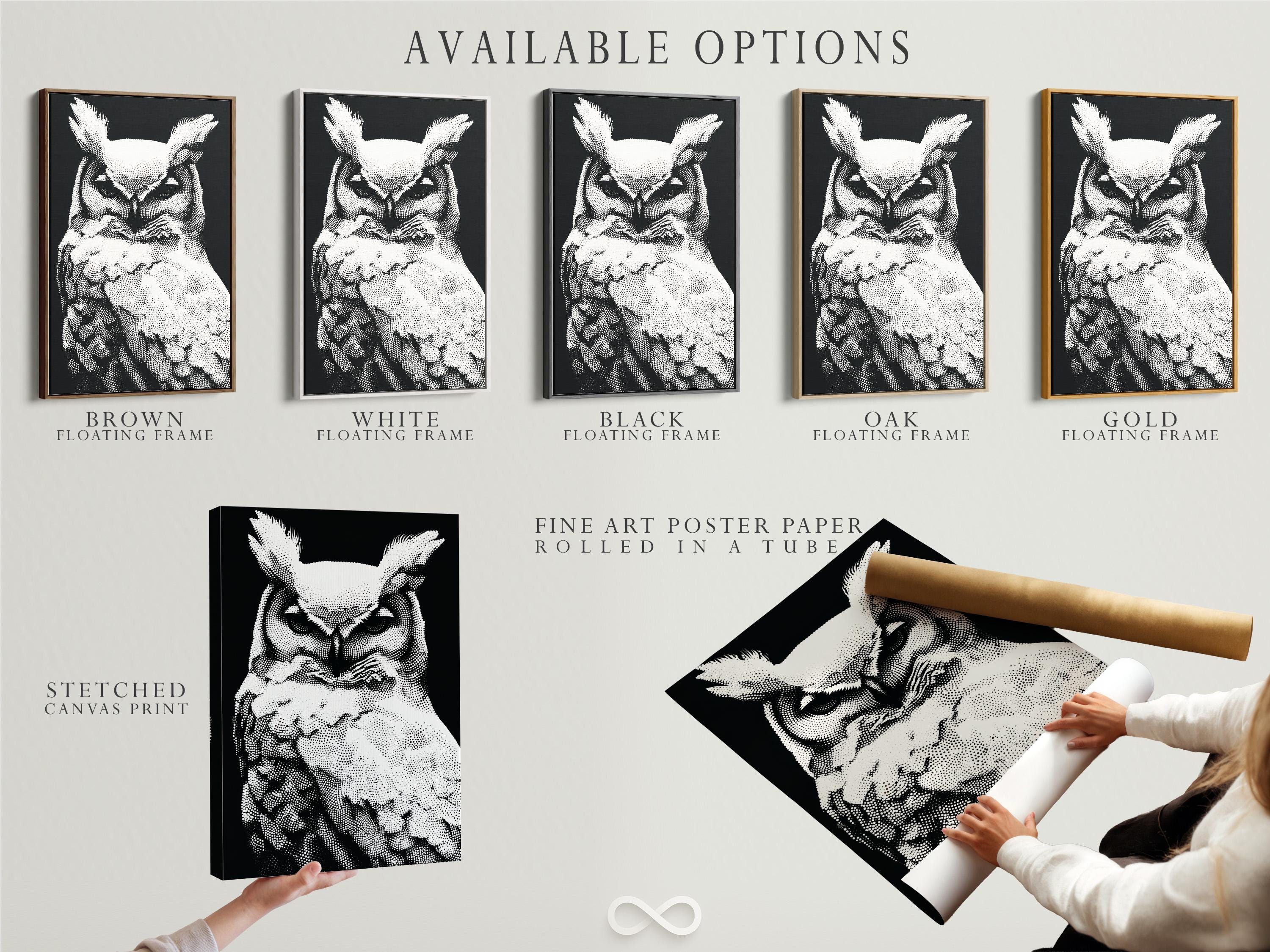 Black and white owl portrait made from dense dotted patterning detail view