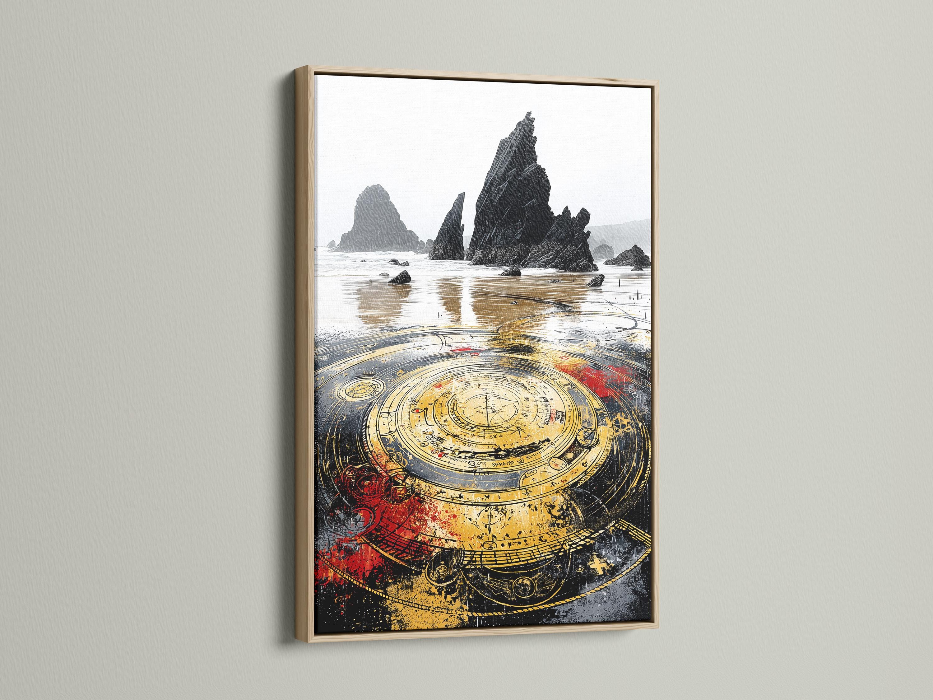 Moody seascape with dark rocks and a large ornate gold compass with red accents detail view